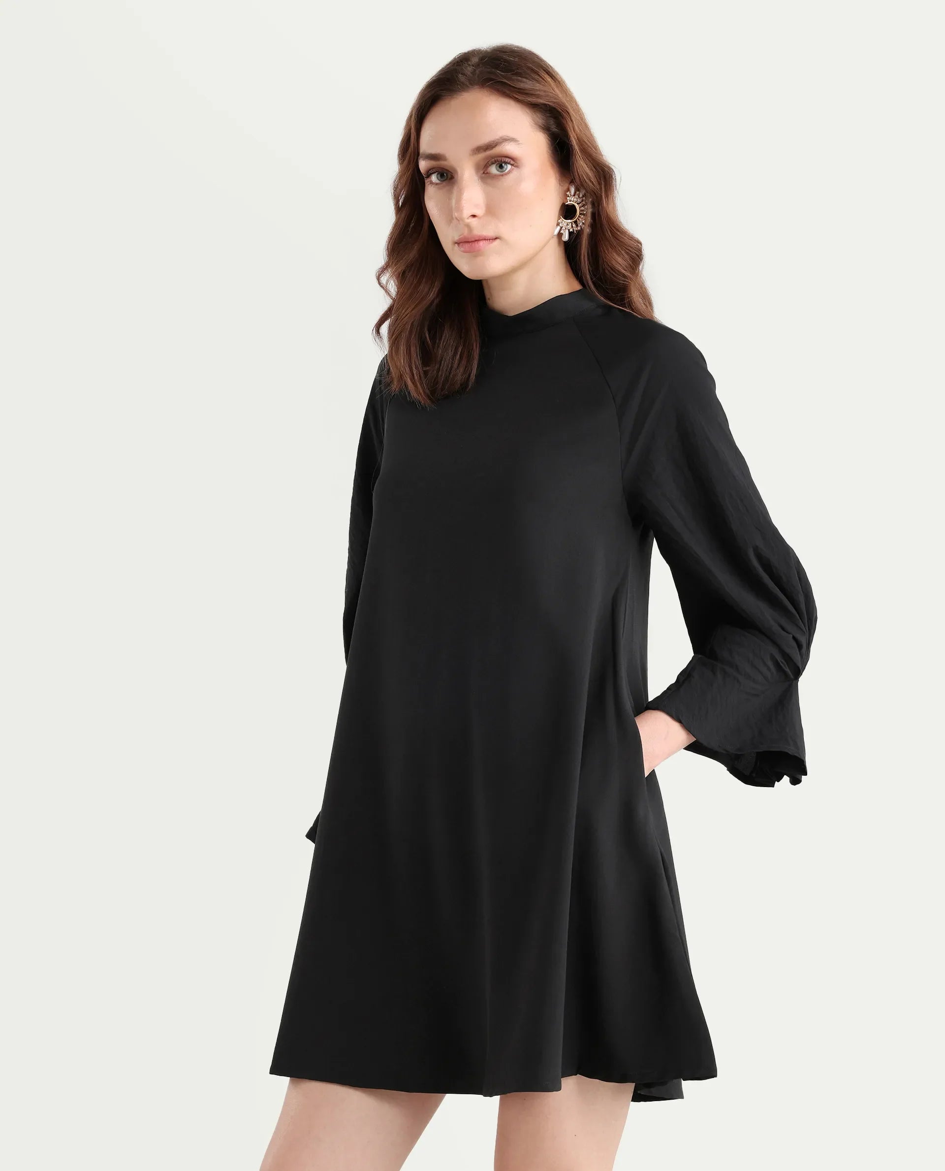 Rareism Women's Cayman Black Cotton Blend High Neck Plain Fashion Sleeve Mini Straight Fit Dress