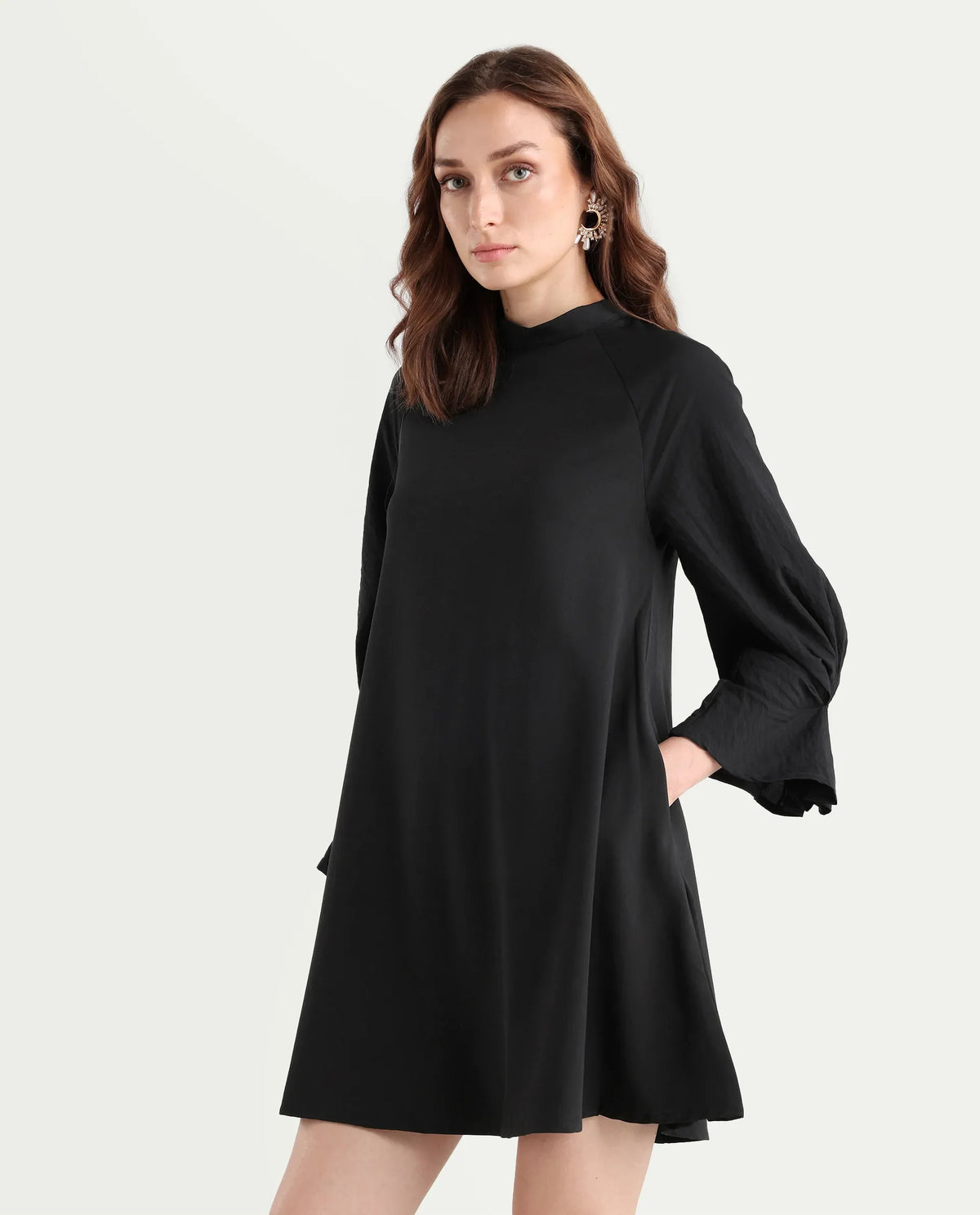 Rareism Women's Cayman Black Cotton Blend High Neck Plain Fashion Sleeve Mini Straight Fit Dress