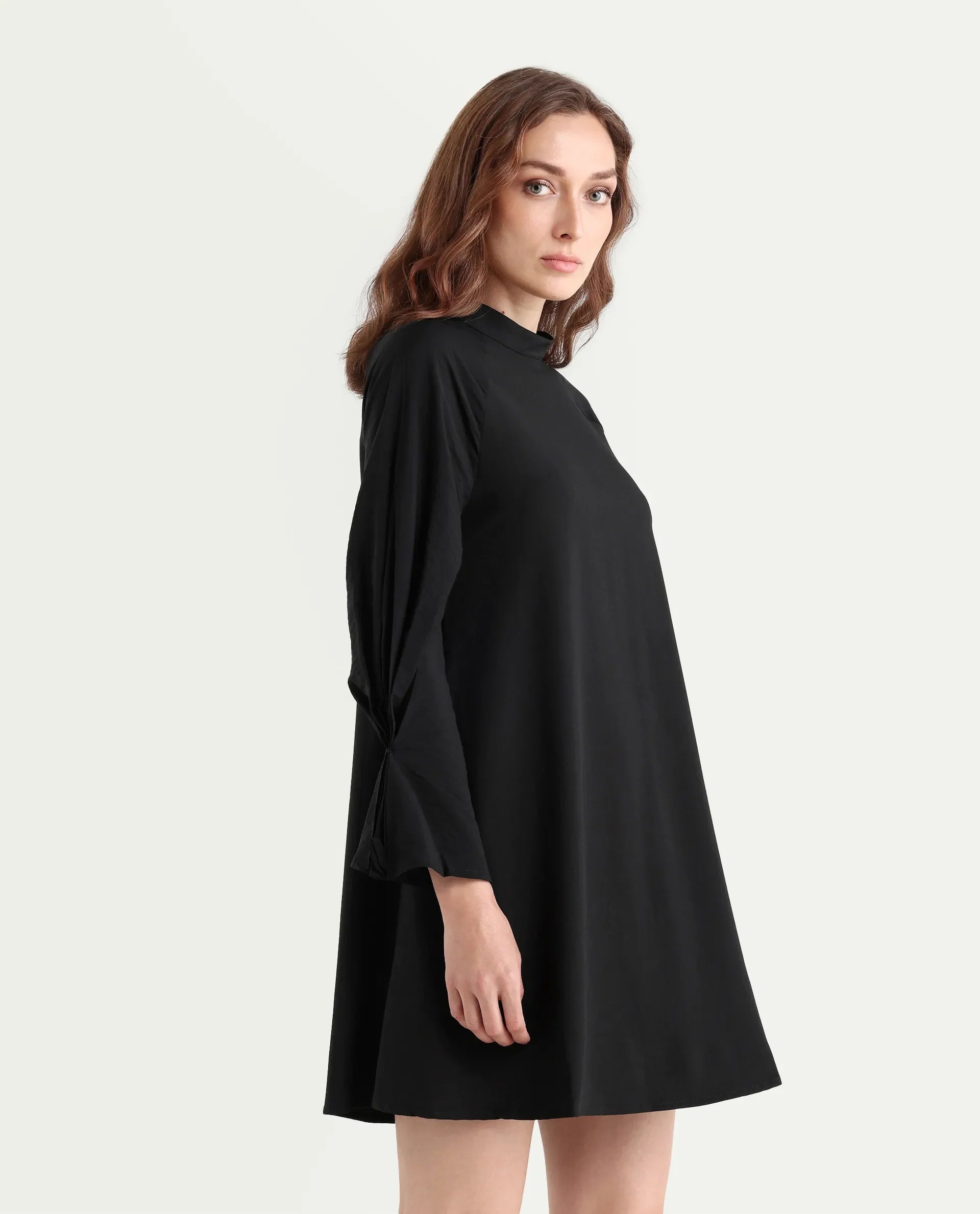 Rareism Women's Cayman Black Cotton Blend High Neck Plain Fashion Sleeve Mini Straight Fit Dress