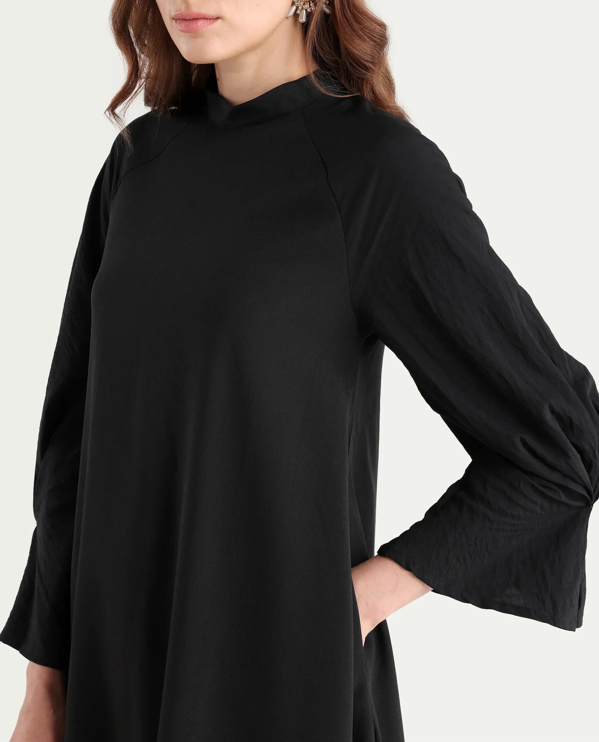Rareism Women's Cayman Black Cotton Blend High Neck Plain Fashion Sleeve Mini Straight Fit Dress