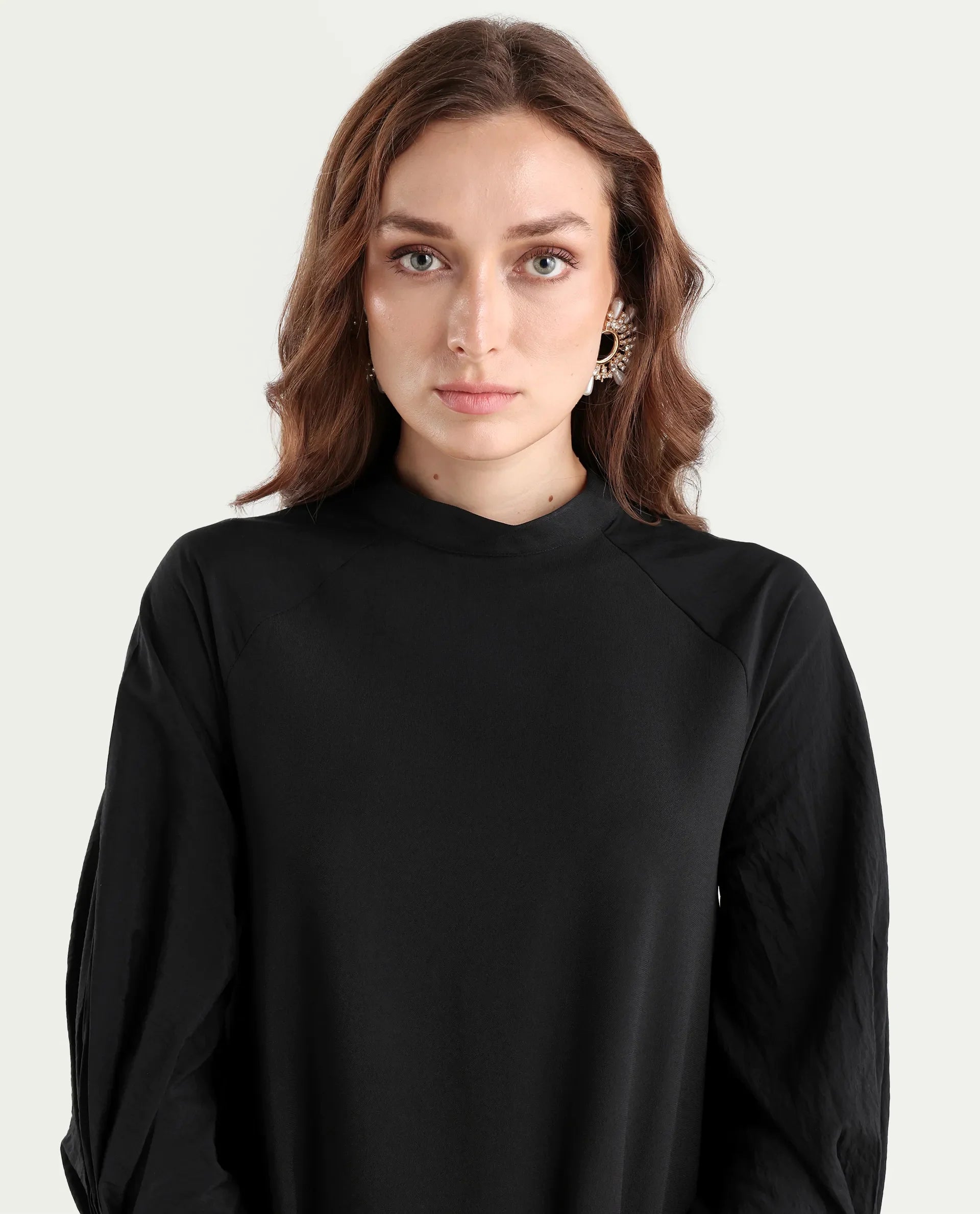 Rareism Women's Cayman Black Cotton Blend High Neck Plain Fashion Sleeve Mini Straight Fit Dress
