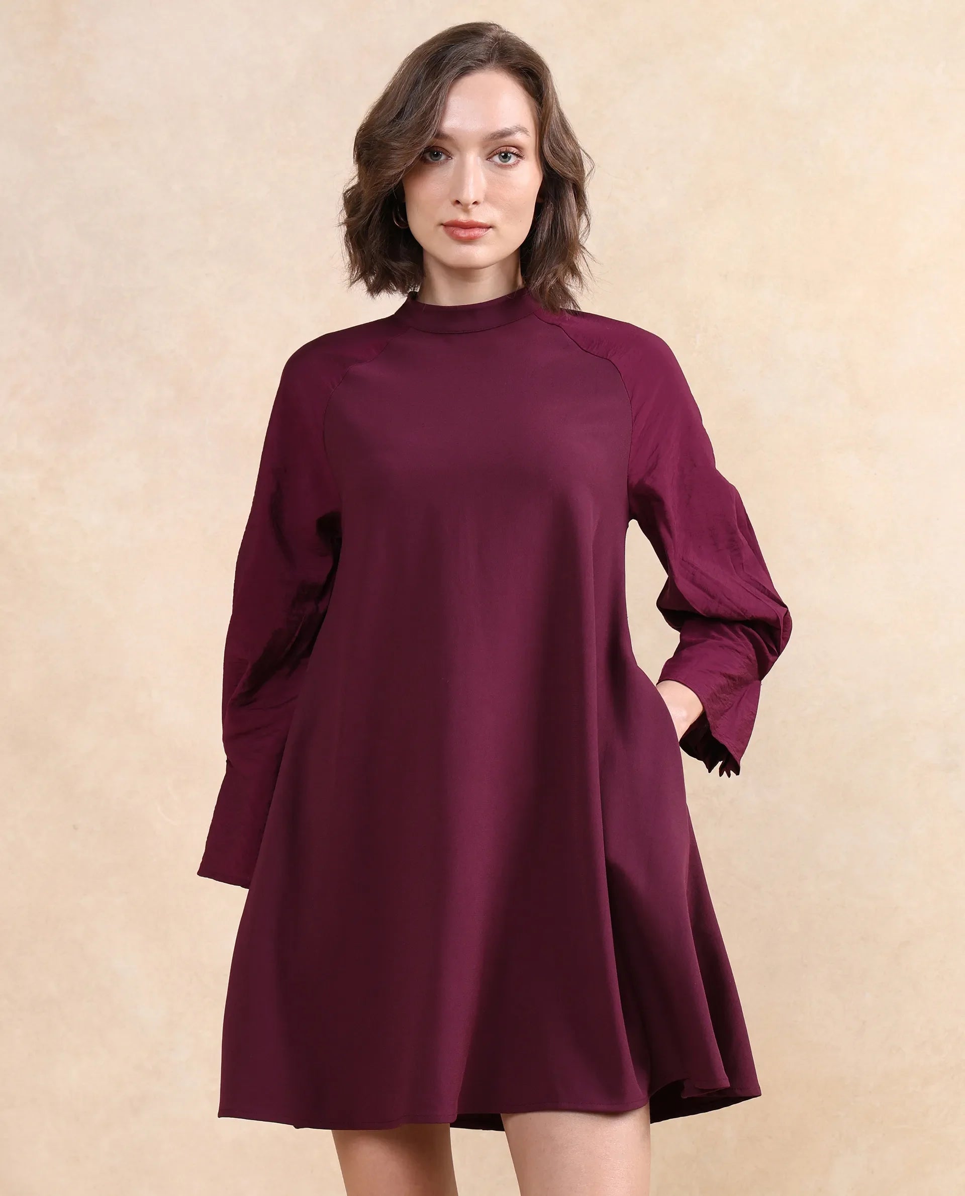 Rareism Women's Cayman Maroon Cotton Blend High Neck Plain Fashion Sleeve Midi Straight Fit Dress