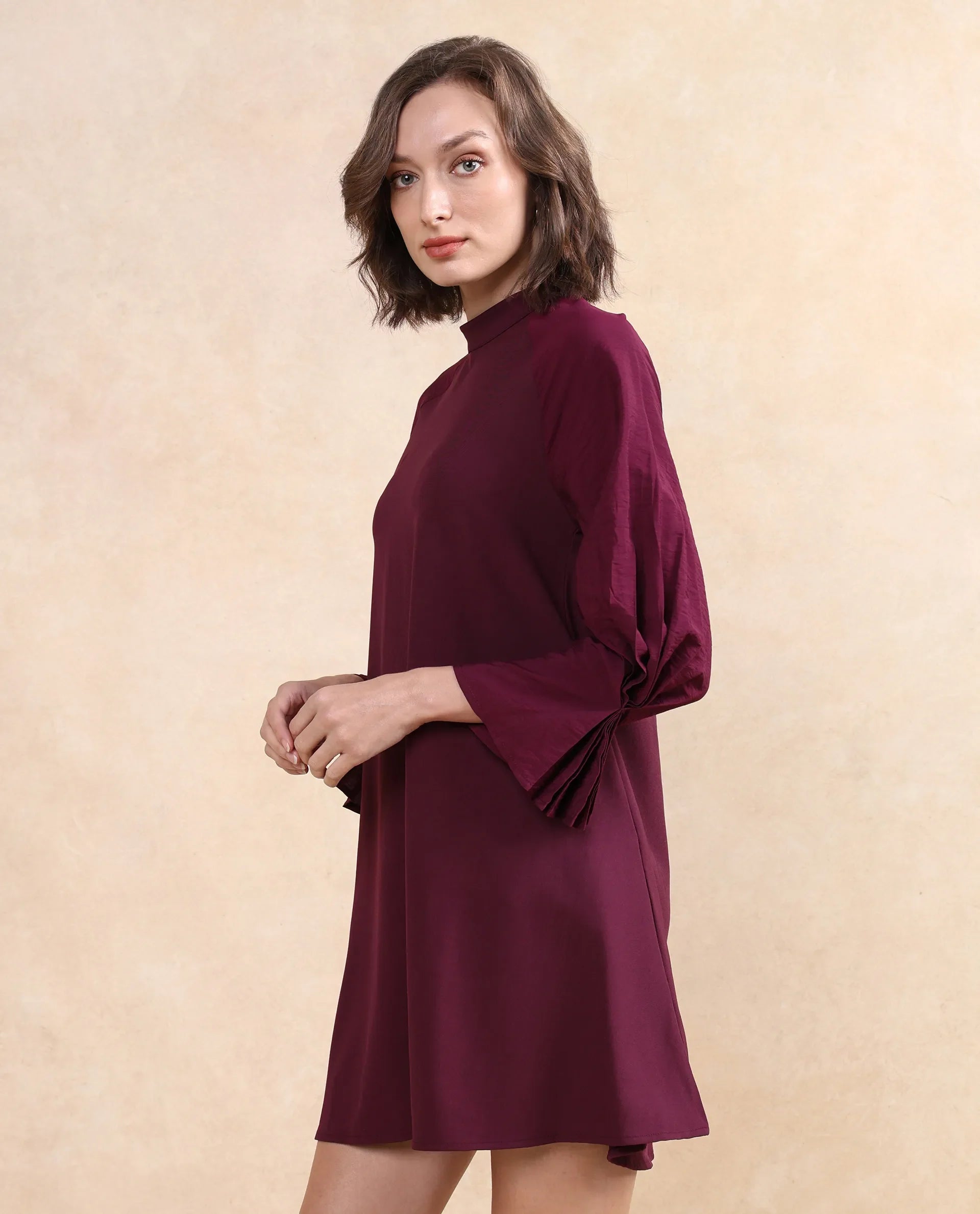 Rareism Women Cayman Maroon Polyester Fabric Fashion Sleeve High Neck Zipper Closure Straight Fit Midi Plain Dress
