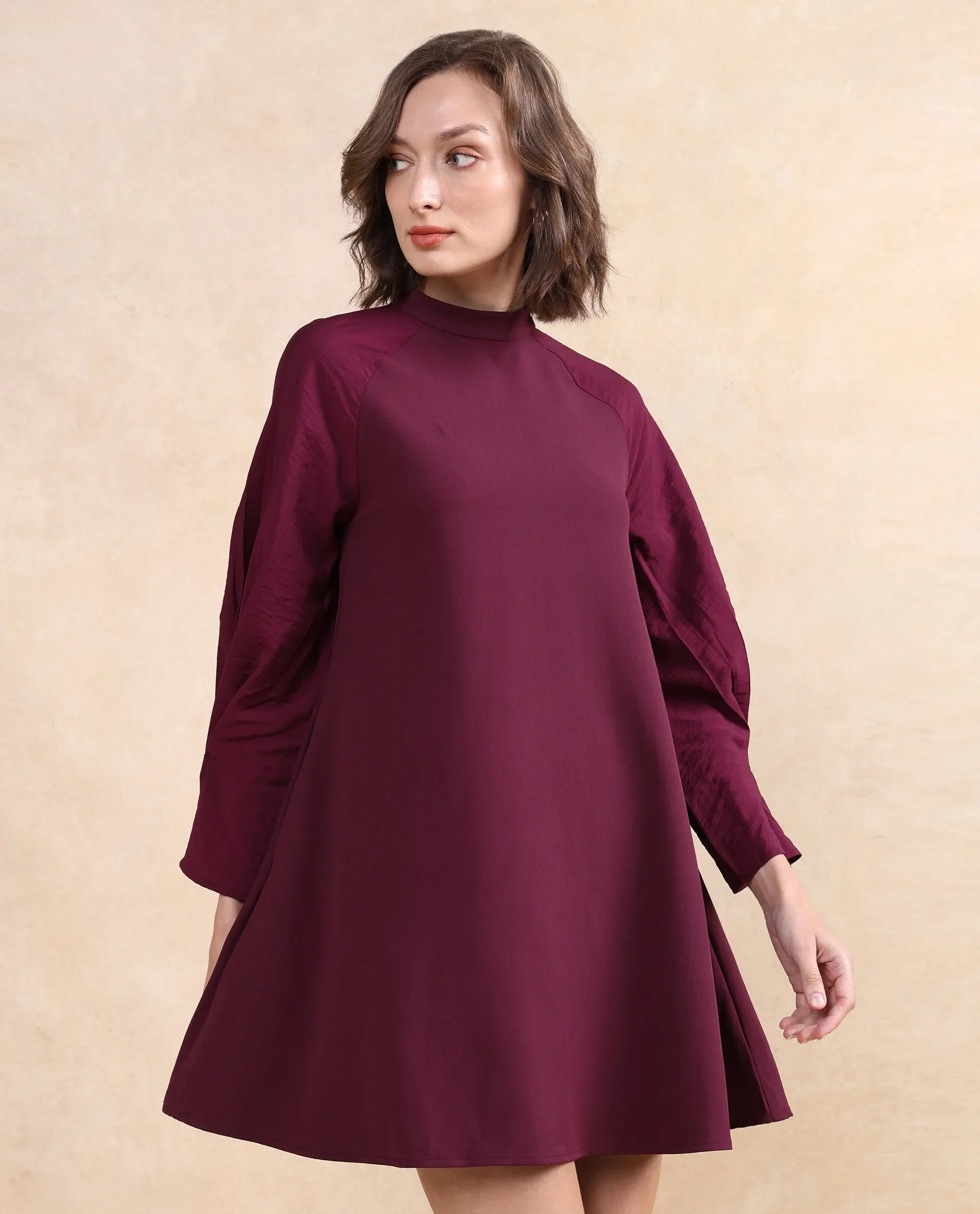 Rareism Women Cayman Maroon Polyester Fabric Fashion Sleeve High Neck Zipper Closure Straight Fit Midi Plain Dress