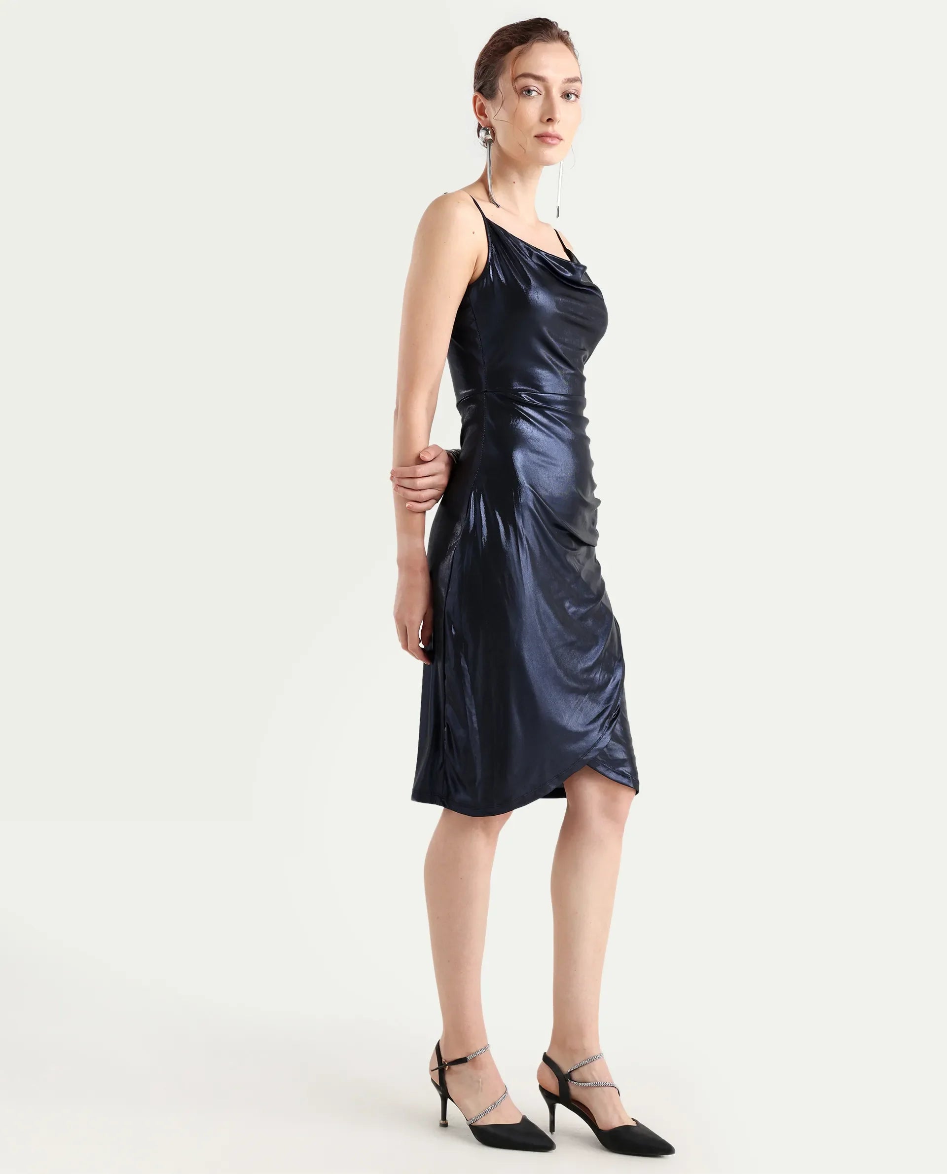 Rareism Women's Cebu Metallic Blue Polyester Cowl Neck Plain Sleeveless Midi Fitted Dress