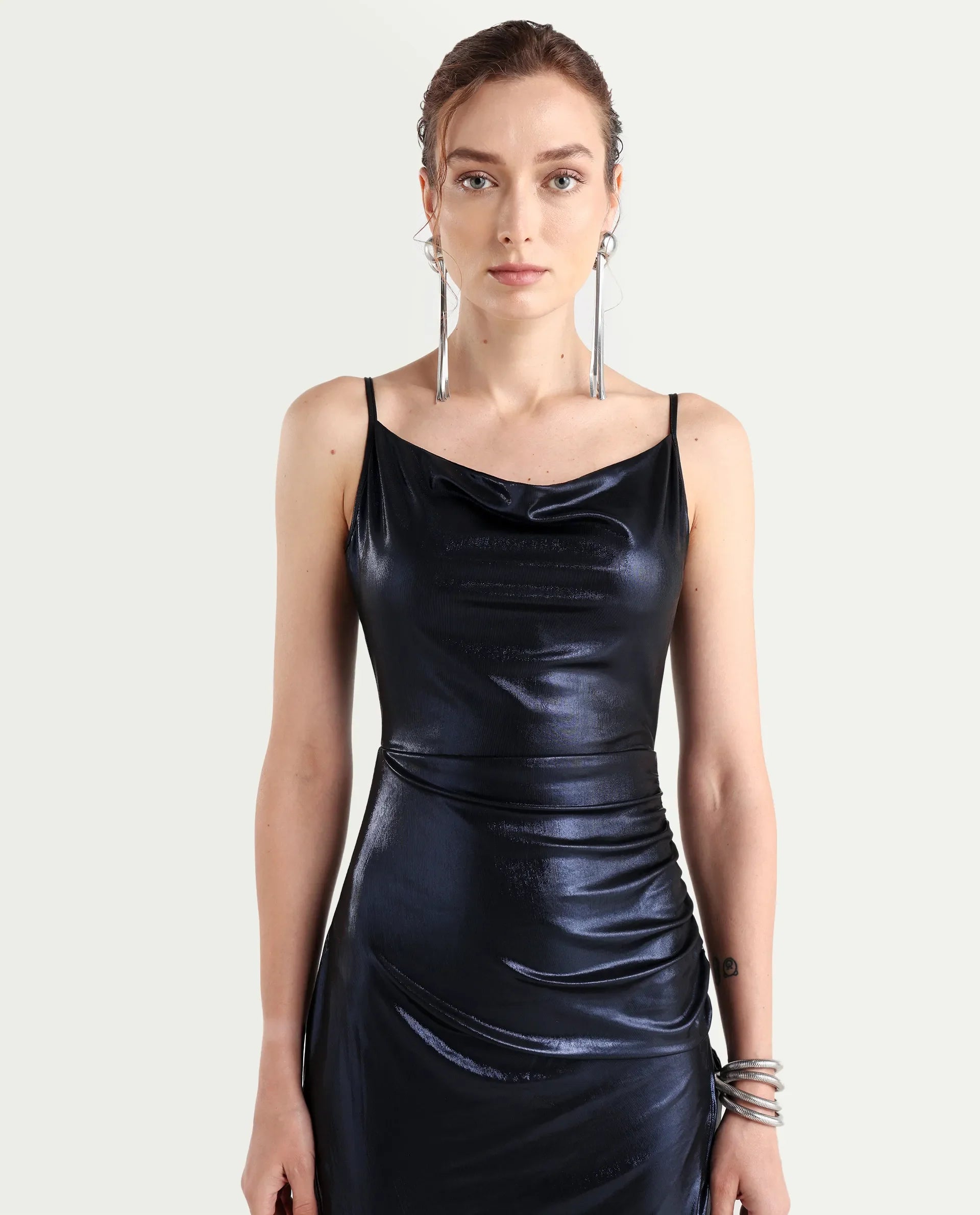 Rareism Women's Cebu Metallic Blue Polyester Cowl Neck Plain Sleeveless Midi Fitted Dress