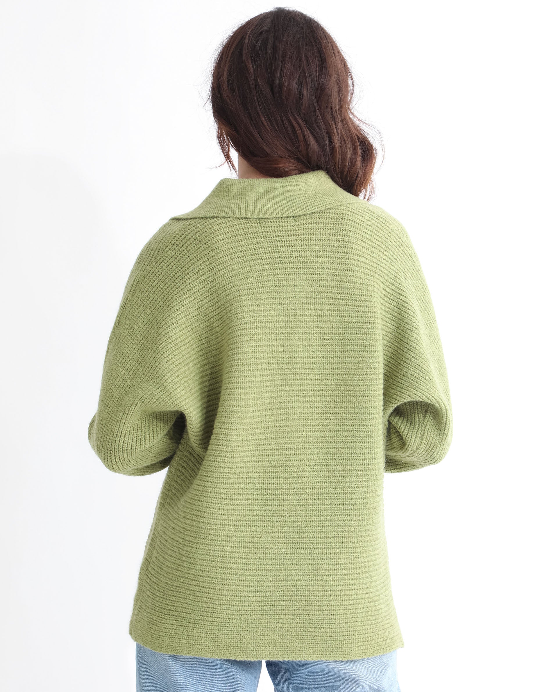 Rareism Women Cecile Dusky Green Acrylic Fabric Full Sleeves Relaxed Fit Solid Drop Collar Sweater