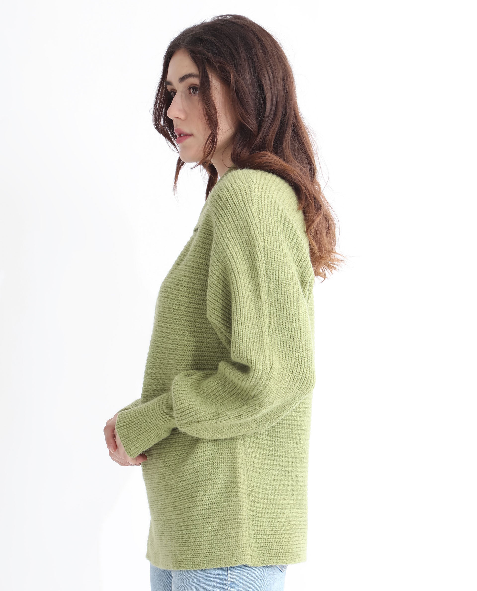 Rareism Women Cecile Dusky Green Acrylic Fabric Full Sleeves Relaxed Fit Solid Drop Collar Sweater