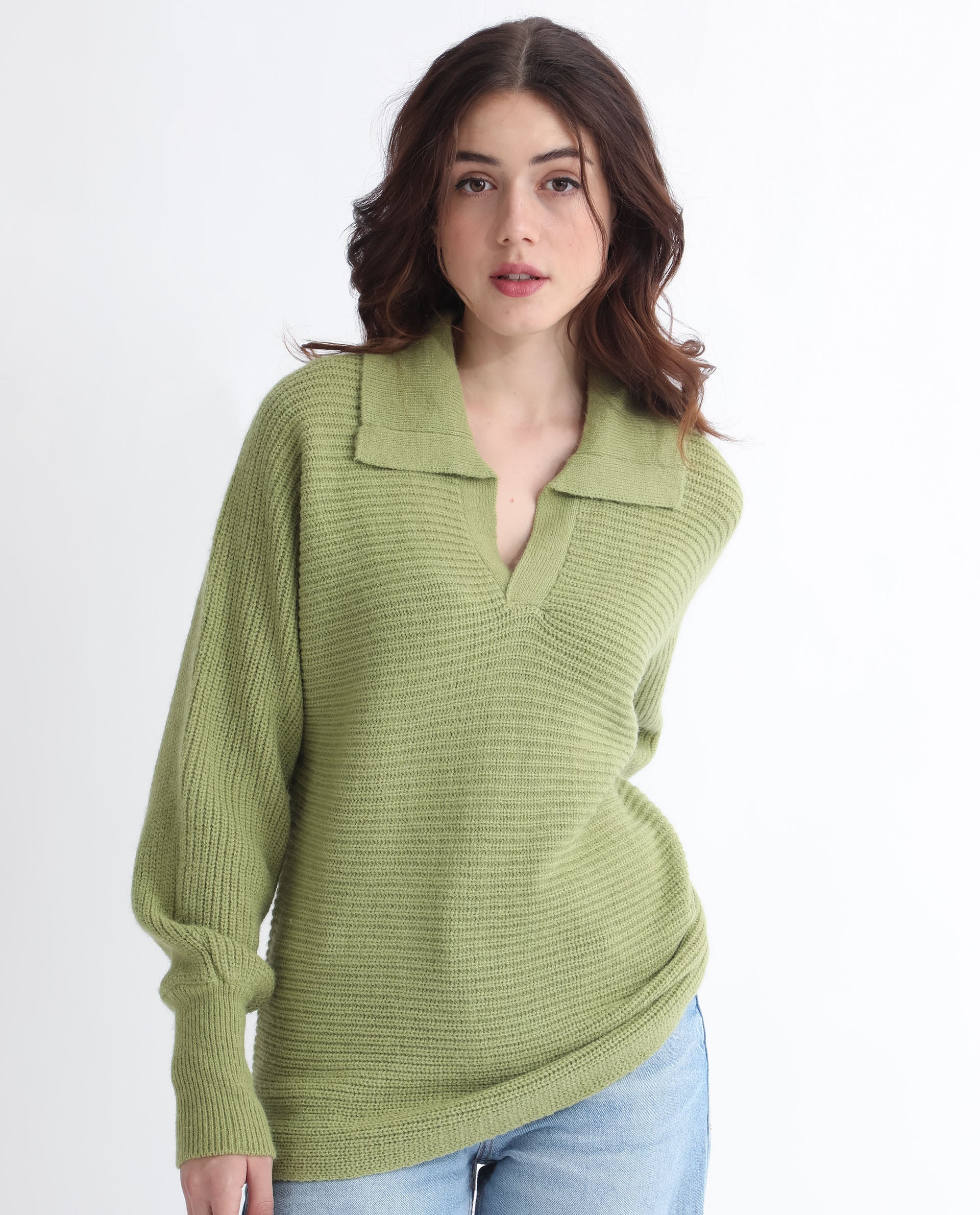 Rareism Women Cecile Dusky Green Acrylic Fabric Full Sleeves Relaxed Fit Solid Drop Collar Sweater