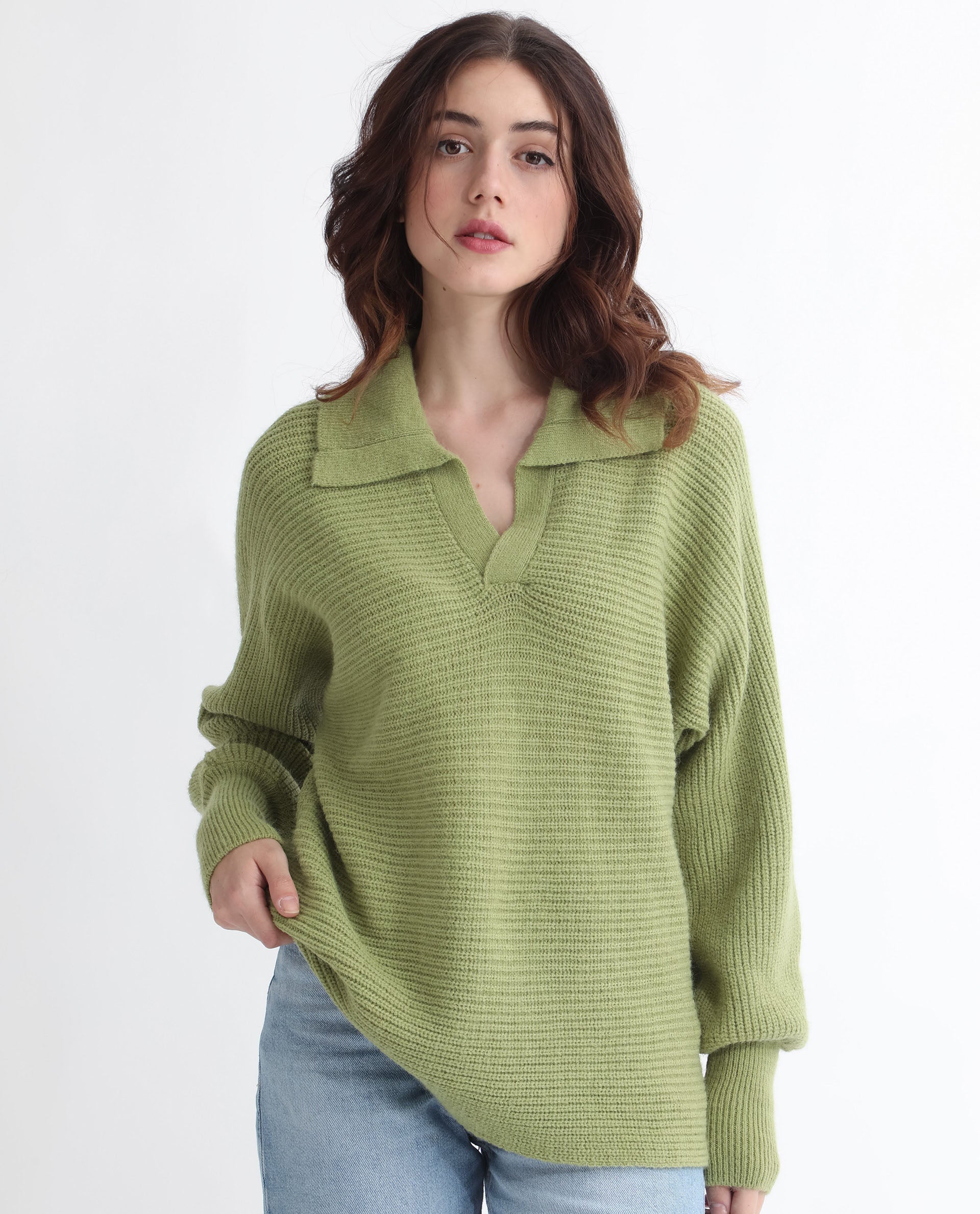 Rareism Women Cecile Dusky Green Acrylic Fabric Full Sleeves Relaxed Fit Solid Drop Collar Sweater