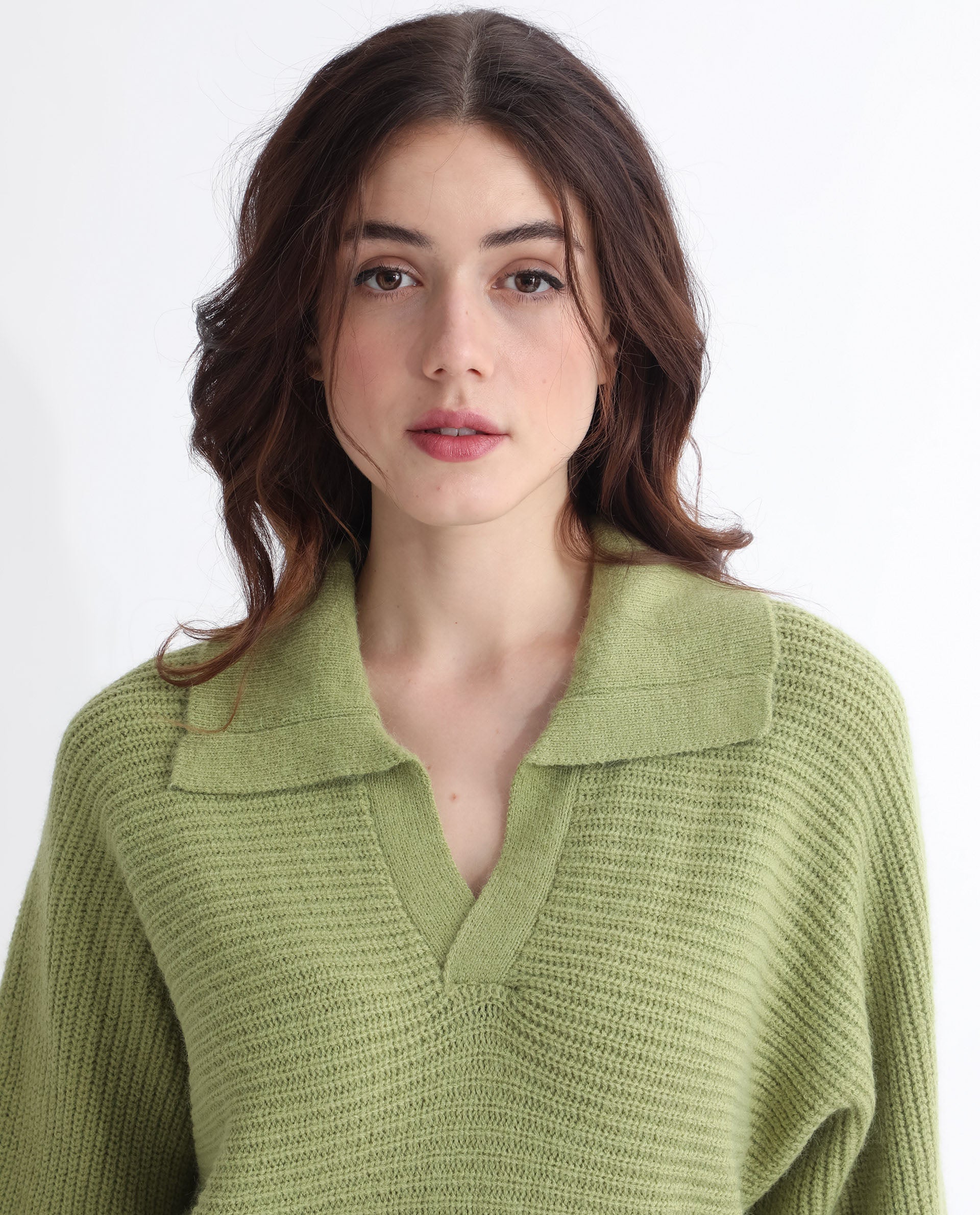 Rareism Women Cecile Dusky Green Acrylic Fabric Full Sleeves Relaxed Fit Solid Drop Collar Sweater