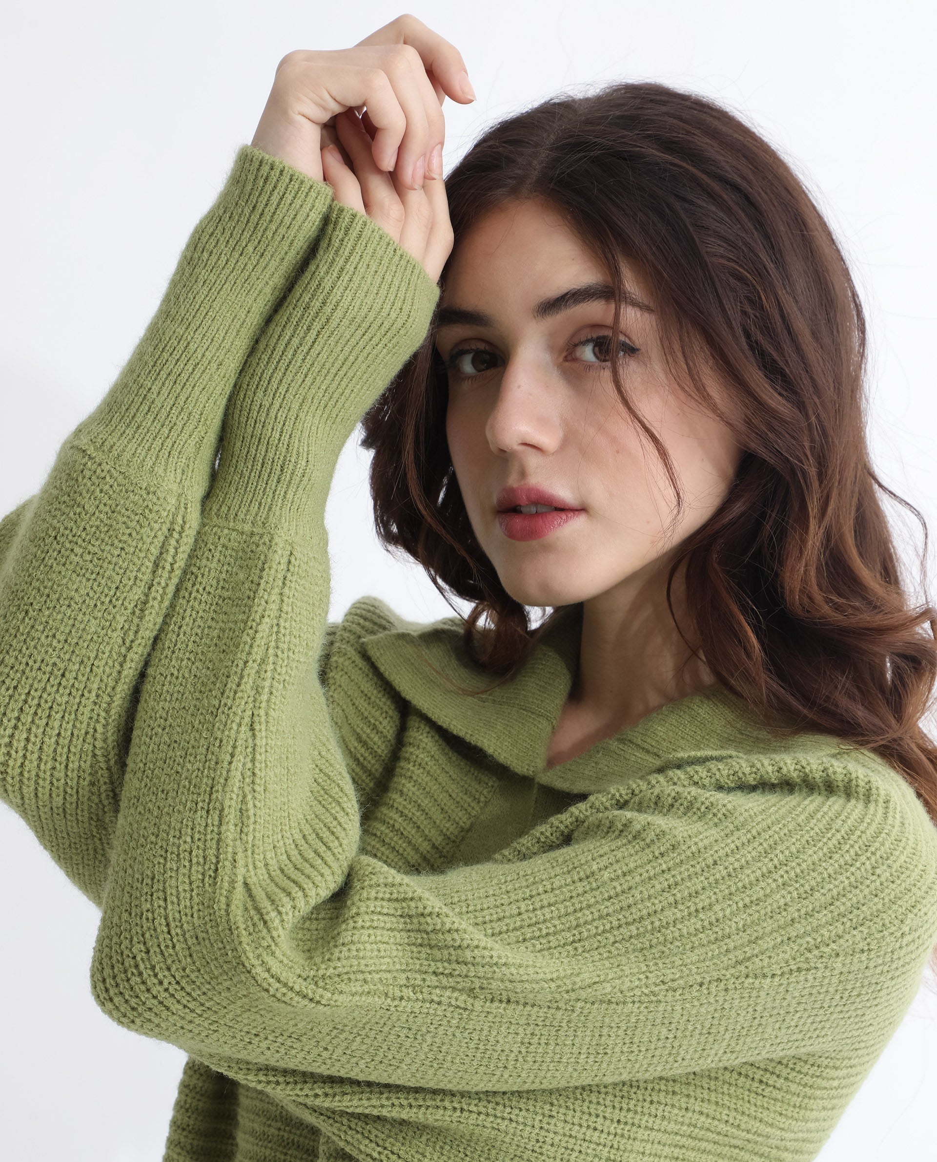 Rareism Women Cecile Dusky Green Acrylic Fabric Full Sleeves Relaxed Fit Solid Drop Collar Sweater
