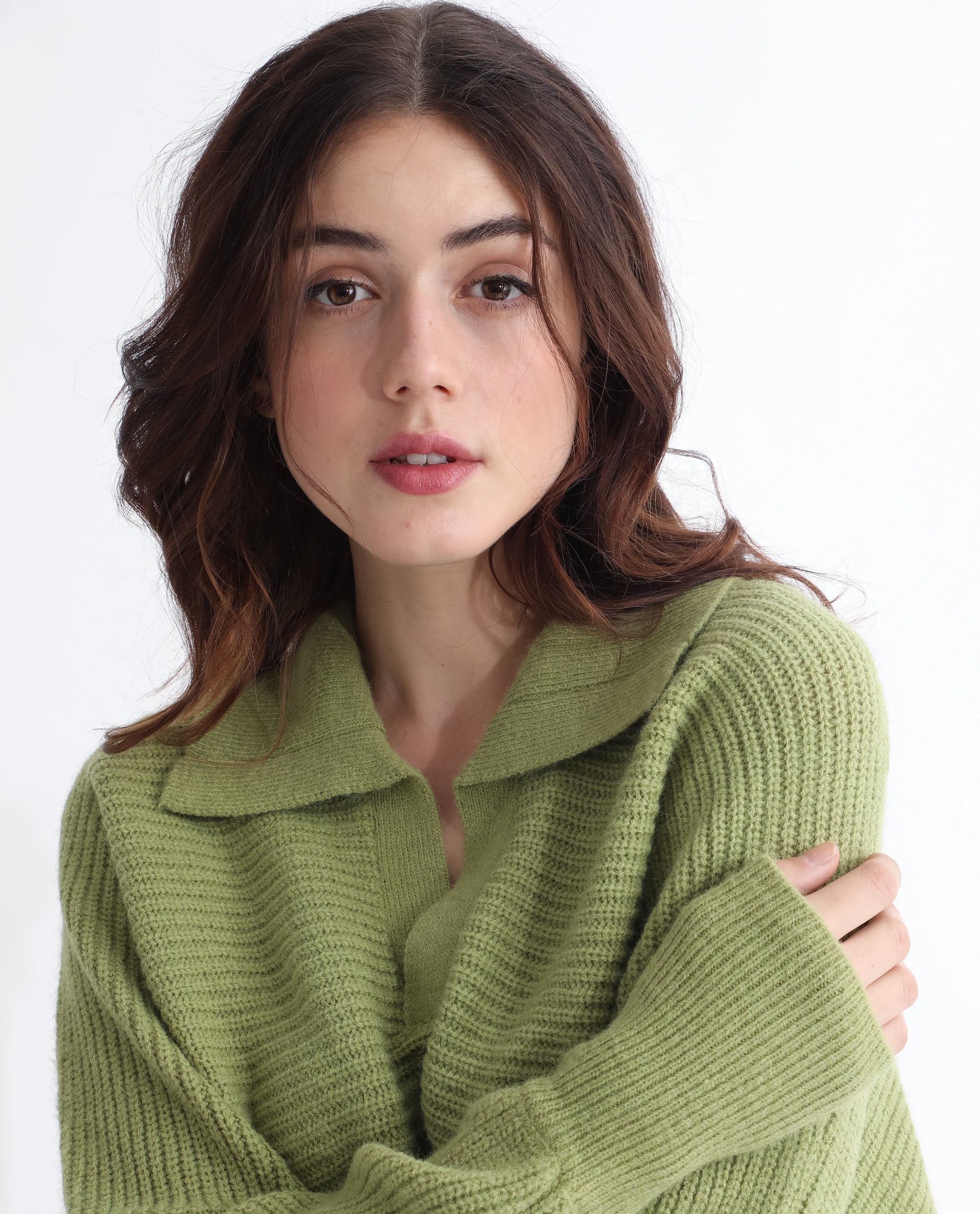 Rareism Women Cecile Dusky Green Acrylic Fabric Full Sleeves Relaxed Fit Solid Drop Collar Sweater
