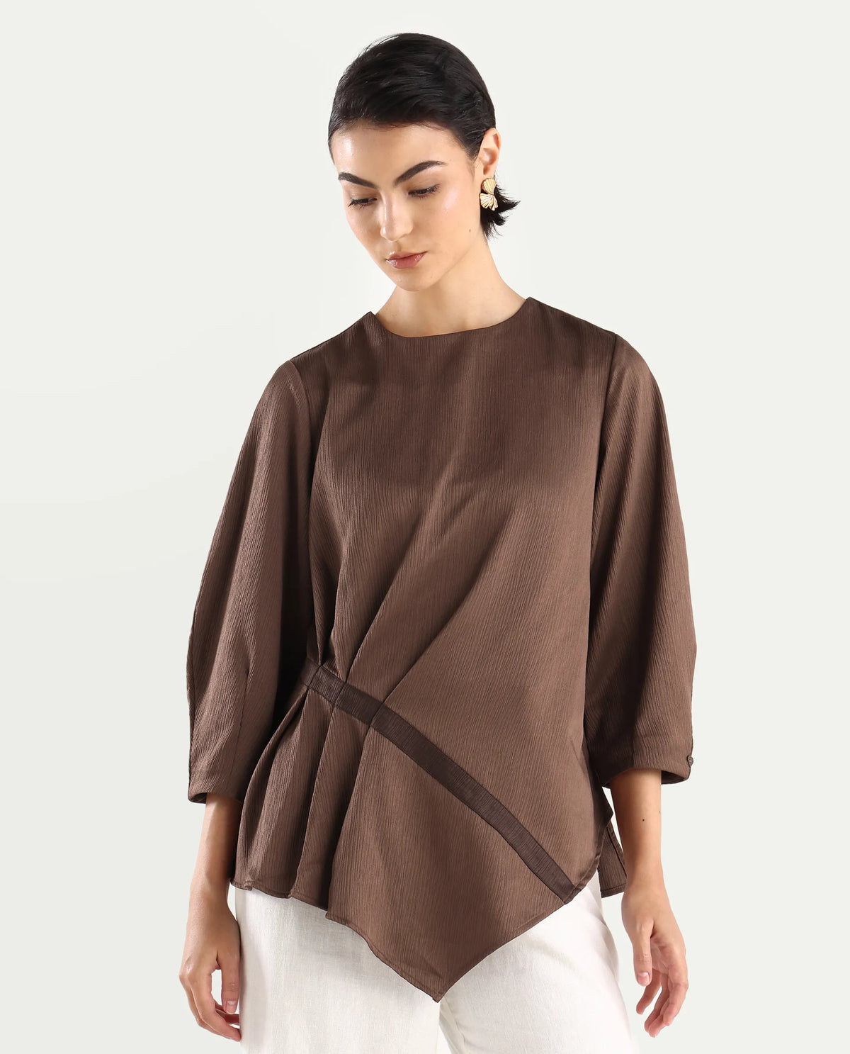 Rareism Women's Ced Brown Polyester Crew Neck Plain Volume Sleeve Regular Fit Top