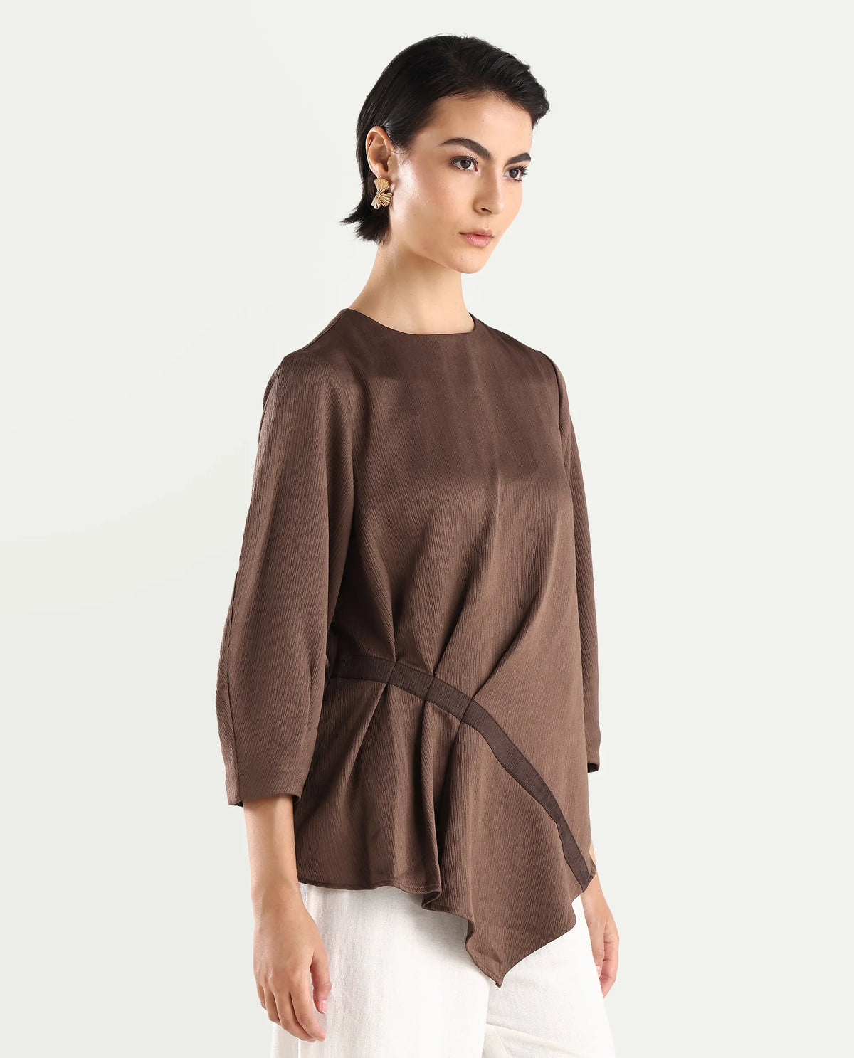 Rareism Women's Ced Brown Polyester Crew Neck Plain Volume Sleeve Regular Fit Top
