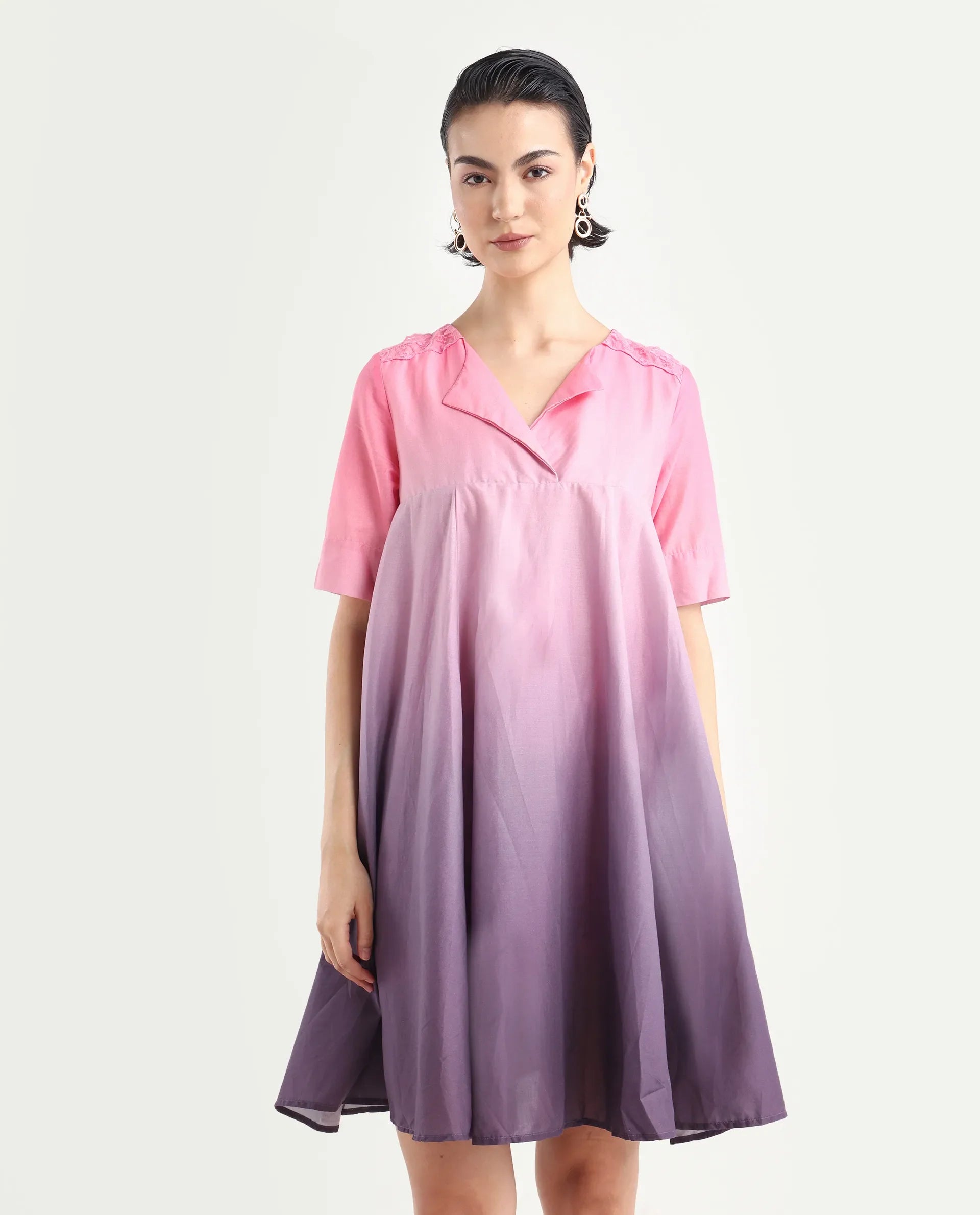 Rareism Women's Celine Multi Cotton Overlap Neck Ombre Knee Length Flared Dress