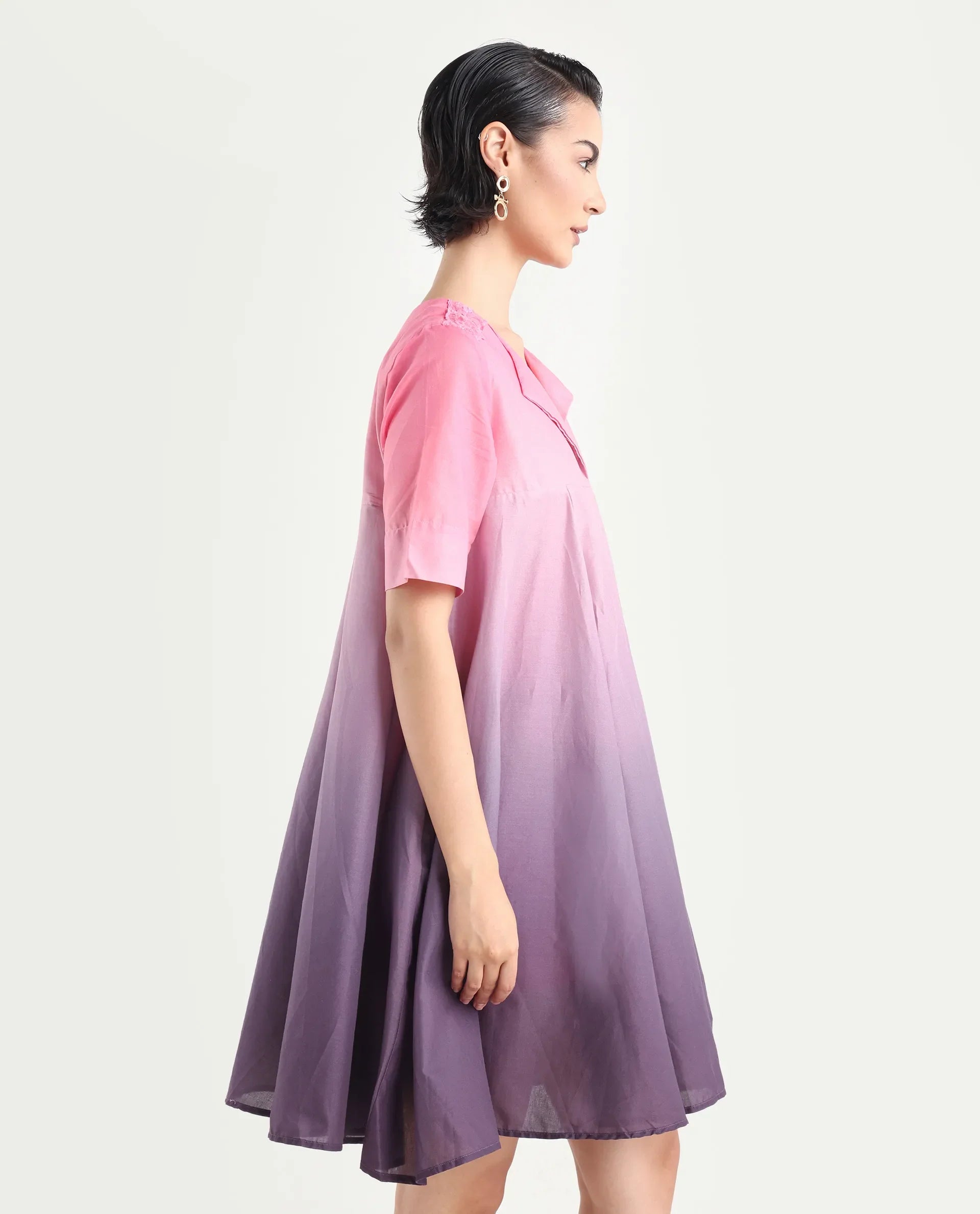 Rareism Women's Celine Multi Cotton Overlap Neck Ombre Knee Length Flared Dress