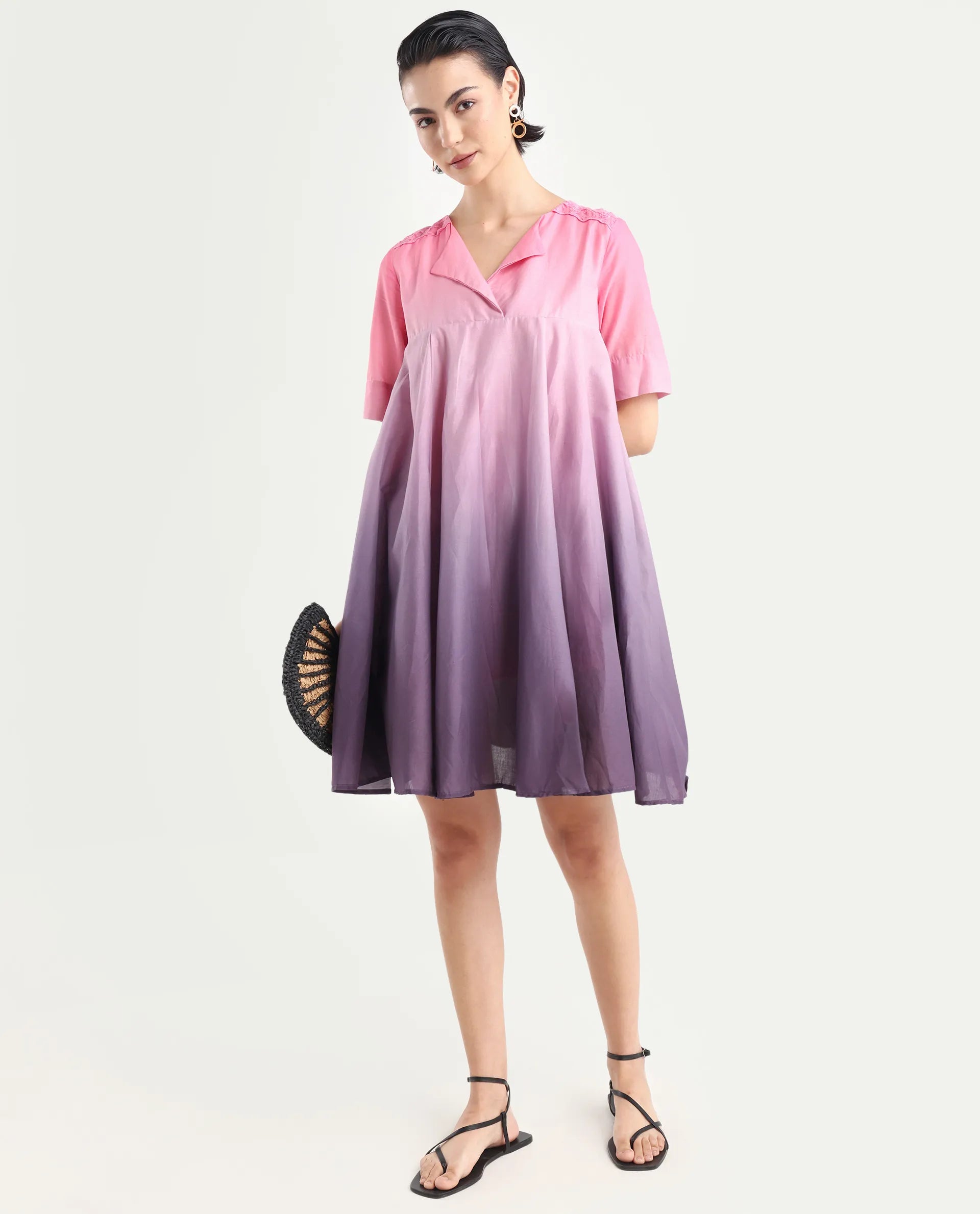 Rareism Women's Celine Multi Cotton Overlap Neck Ombre Knee Length Flared Dress