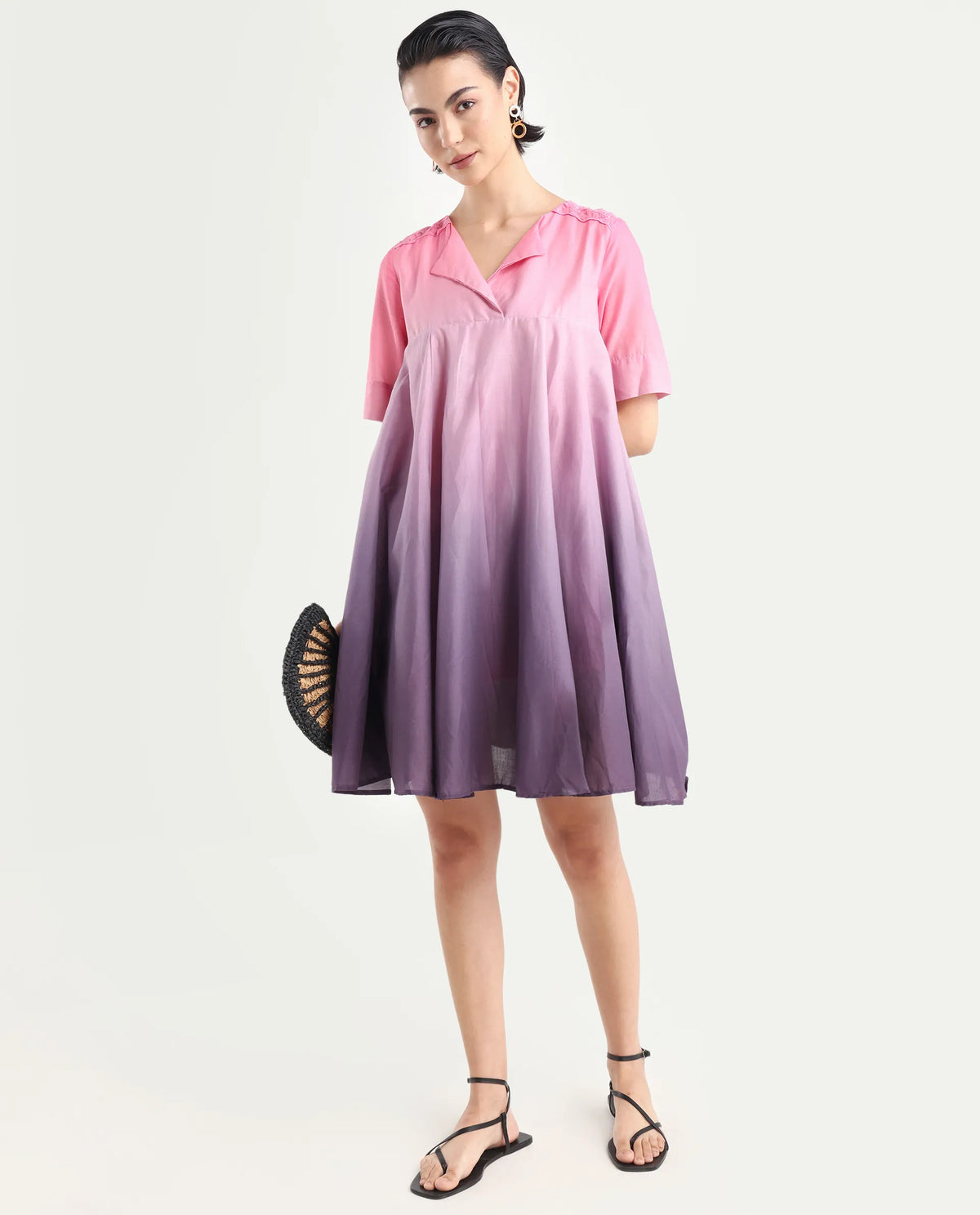 Rareism Women's Celine Multi Cotton Overlap Neck Ombre Knee Length Flared Dress