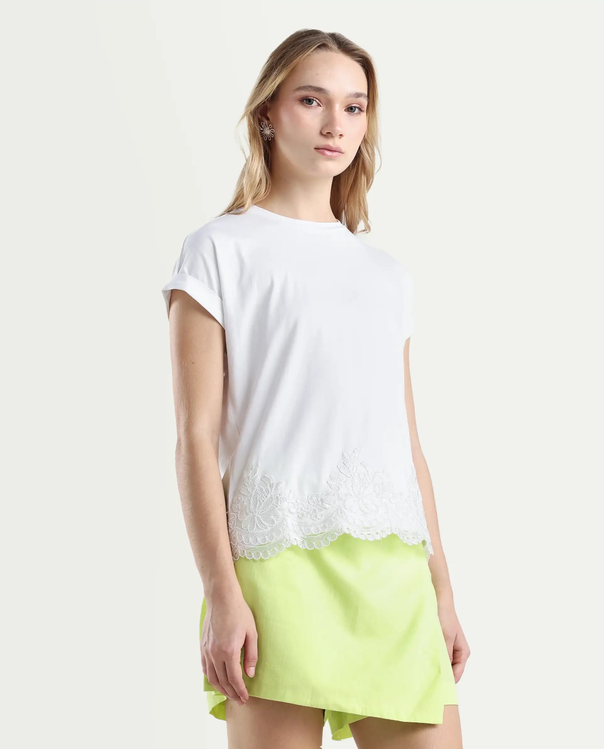 Rareism Women's Celo White Cotton Blend Crew Neck Regular Fit T-Shirt