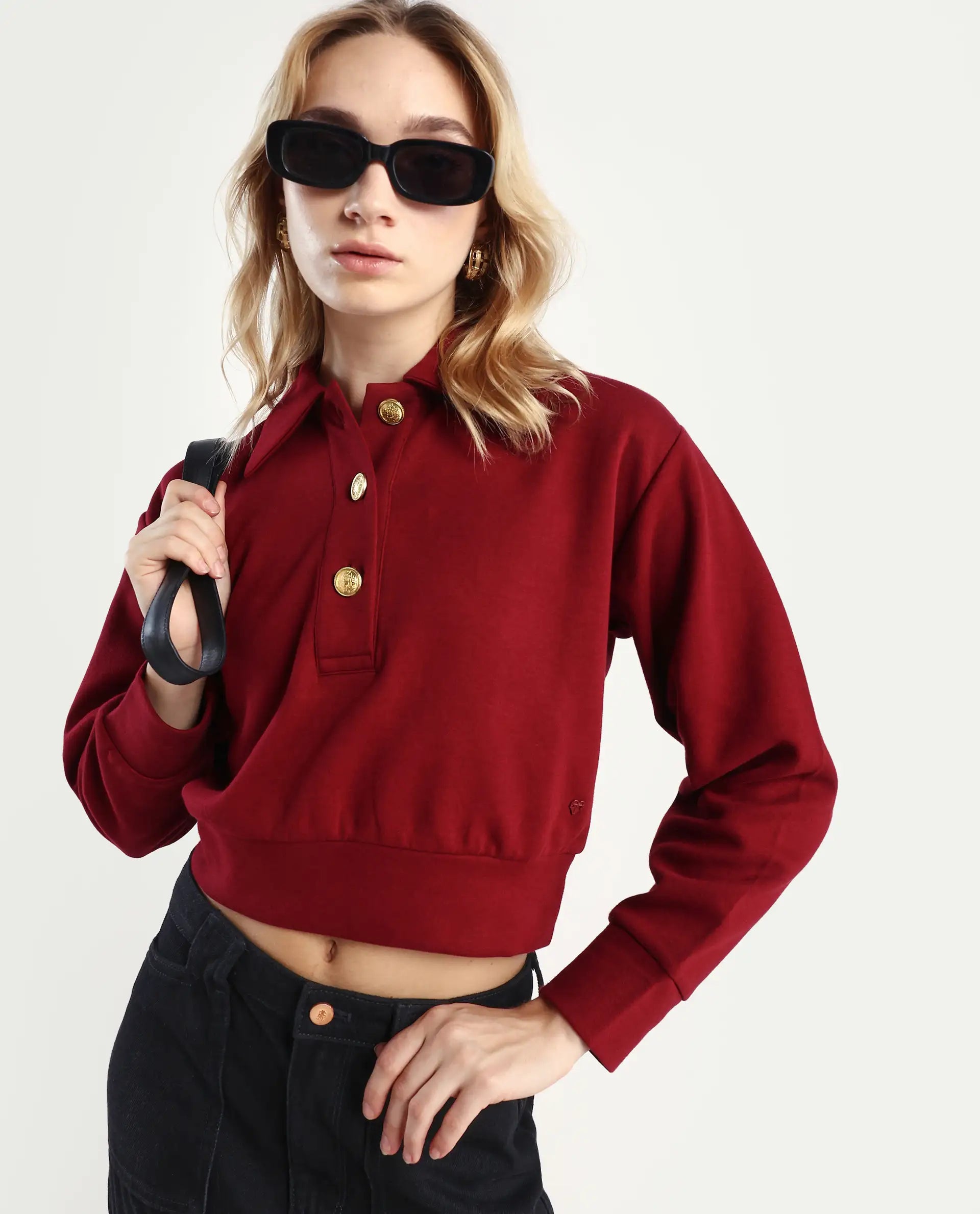 Rareism Women's Celtik Maroon Cotton Blend Drop Collar Plain Crop Relaxed Fit Sweatshirt