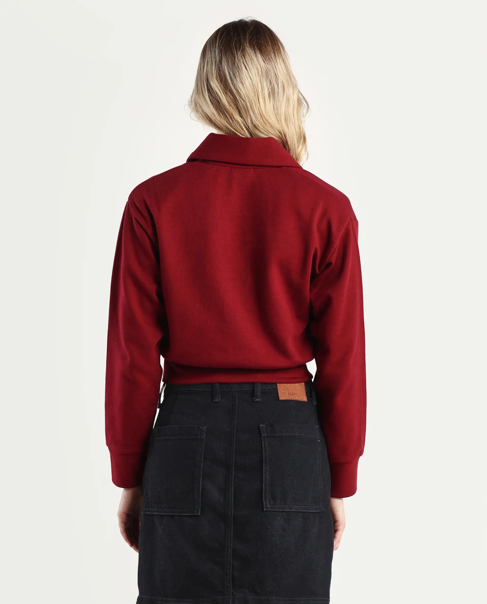 Rareism Women's Celtik Maroon Cotton Blend Drop Collar Plain Crop Relaxed Fit Sweatshirt
