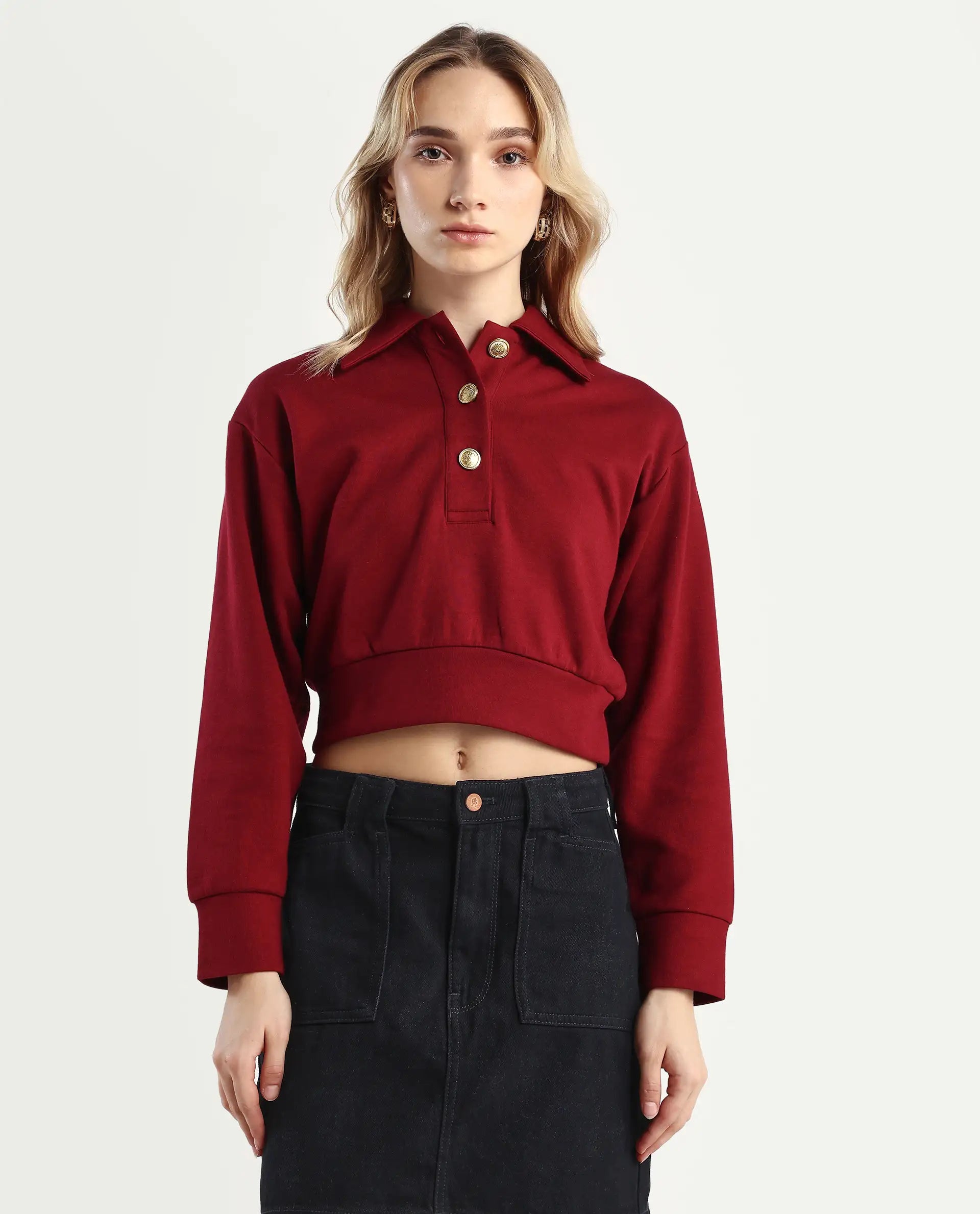 Rareism Women's Celtik Maroon Cotton Blend Drop Collar Plain Crop Relaxed Fit Sweatshirt
