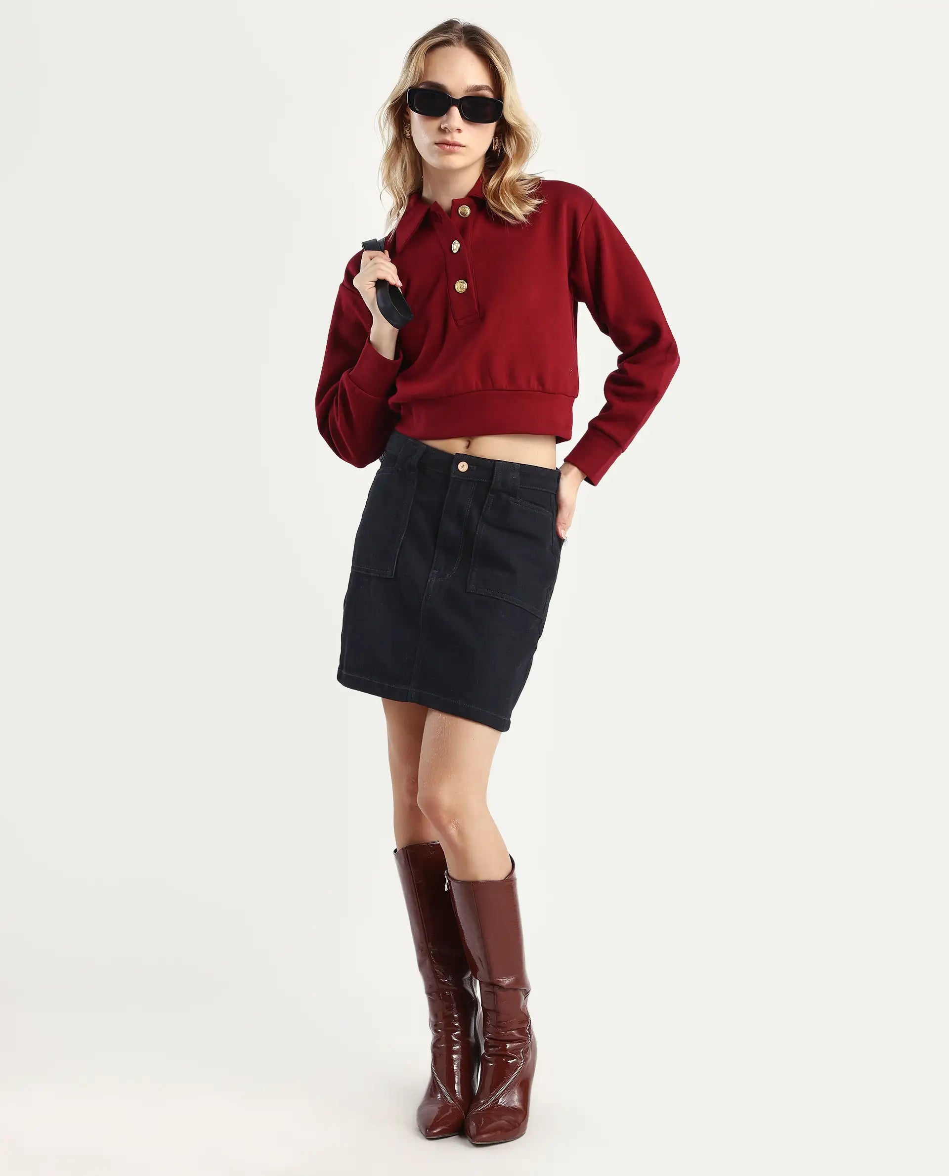 Rareism Women's Celtik Maroon Cotton Blend Drop Collar Plain Crop Relaxed Fit Sweatshirt