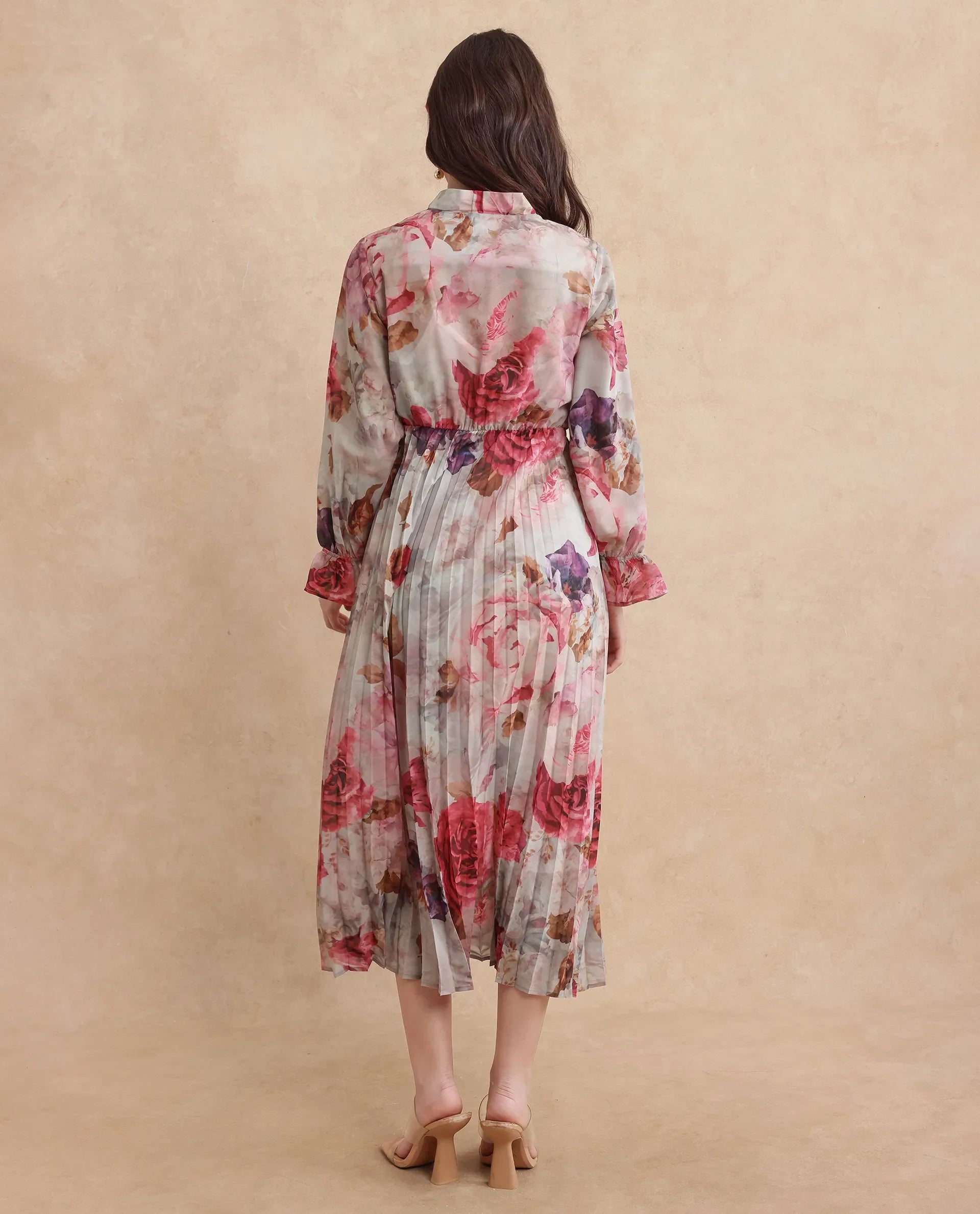 Rareism Women's Cerno Multi Polyester Blend Tie-Up Neck Floral Print Maxi Flared Dress