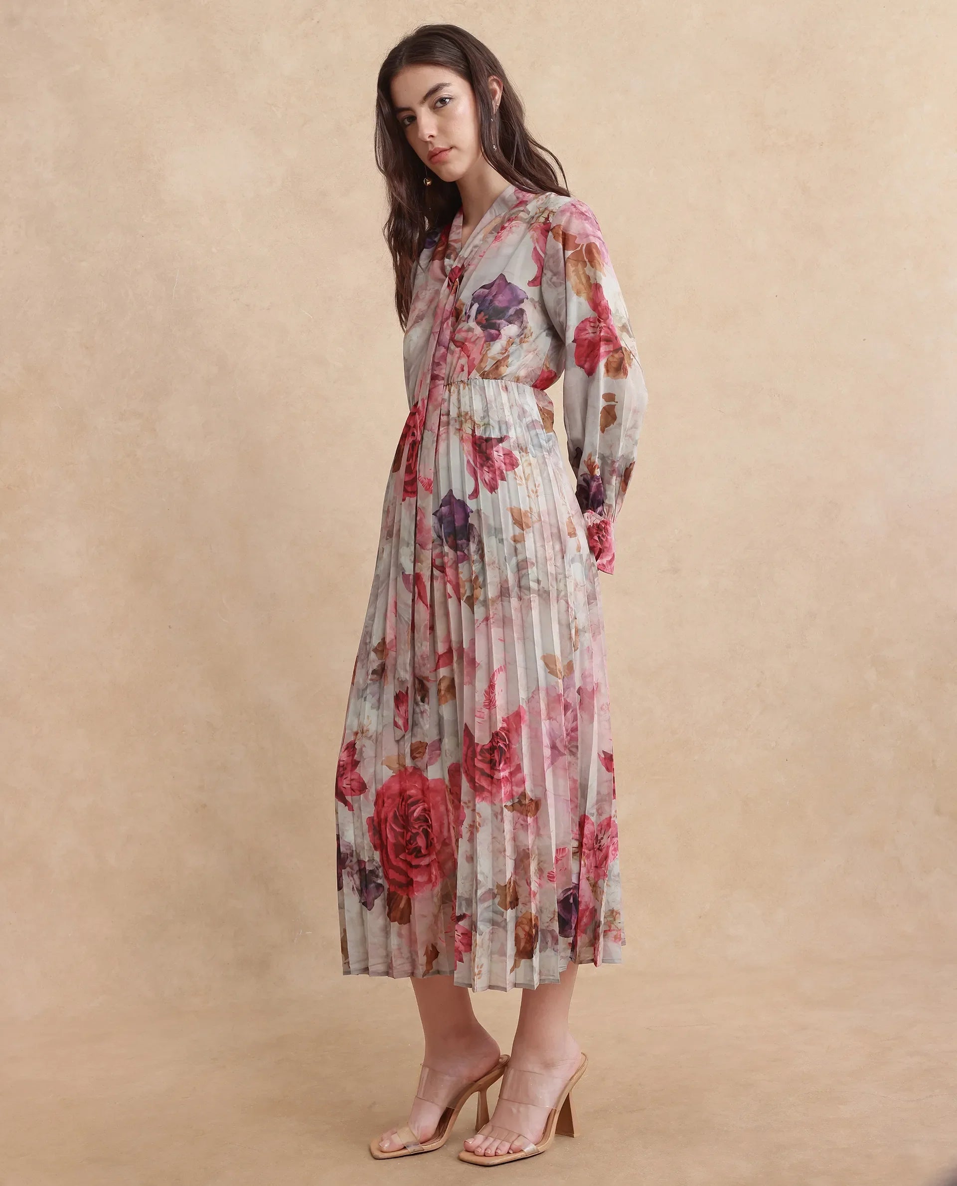 Rareism Women's Cerno Multi Polyester Blend Tie-Up Neck Floral Print Maxi Flared Dress