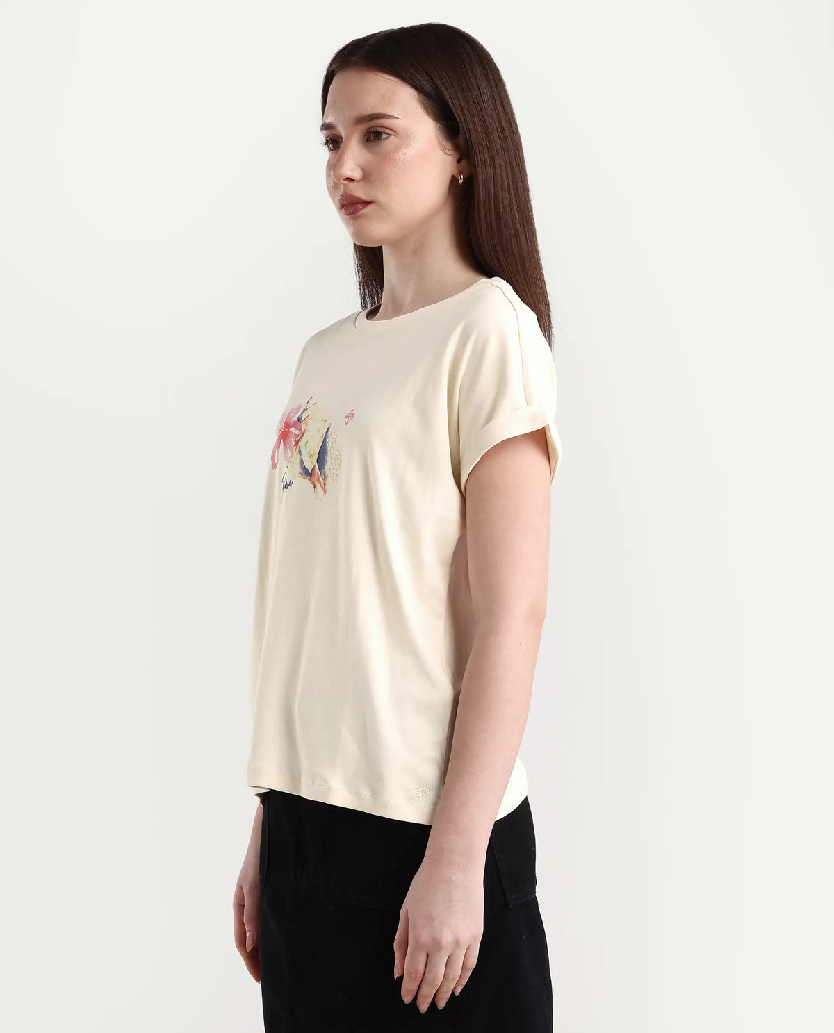 Rareism Women's Cersha Beige Cotton Crew Neck Graphic Print Extended Sleeves Boxy Fit T-Shirt