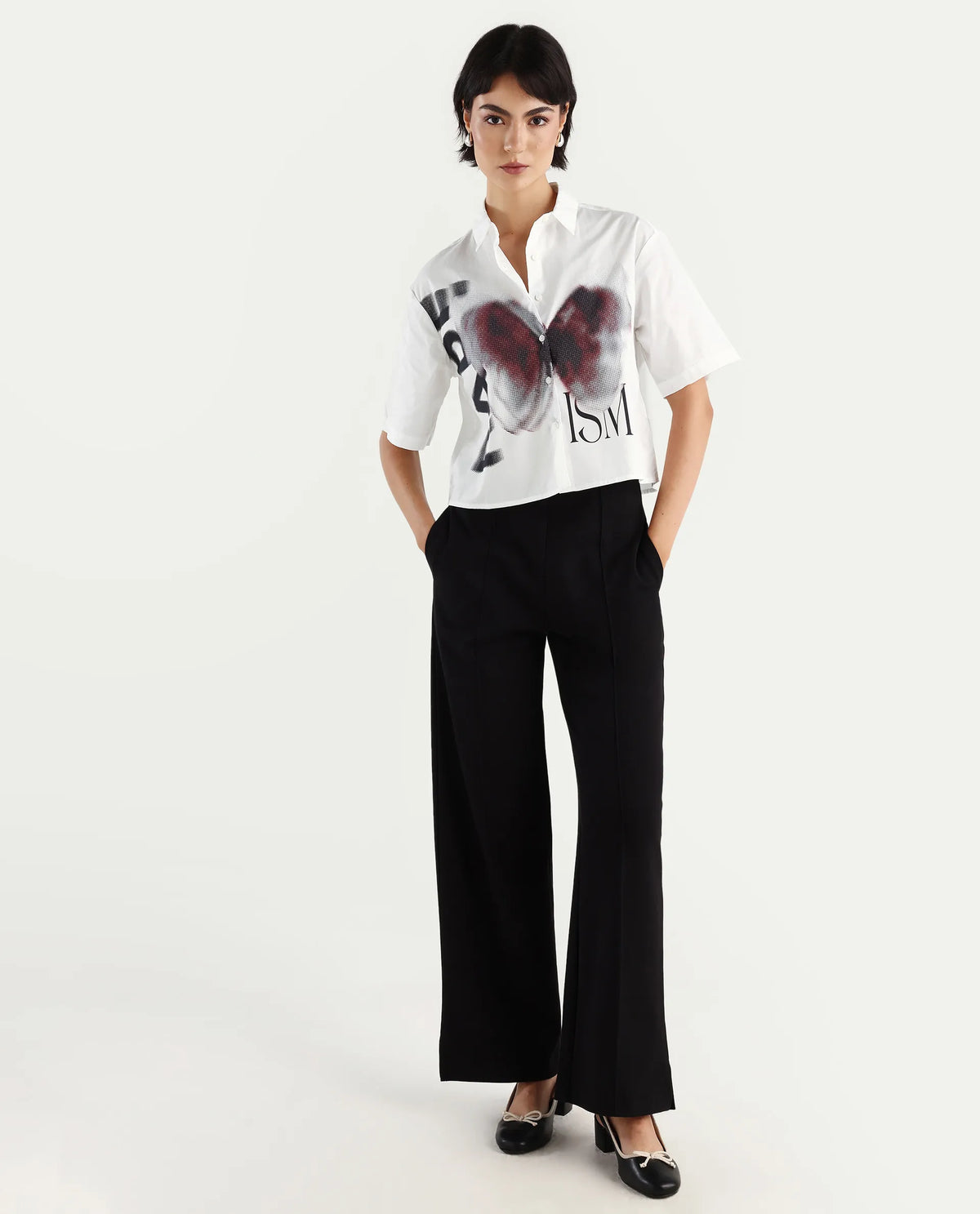 Rareism Women's Cetiop White Cotton Drop Collar Graphic Print Boxy Fit Shirt