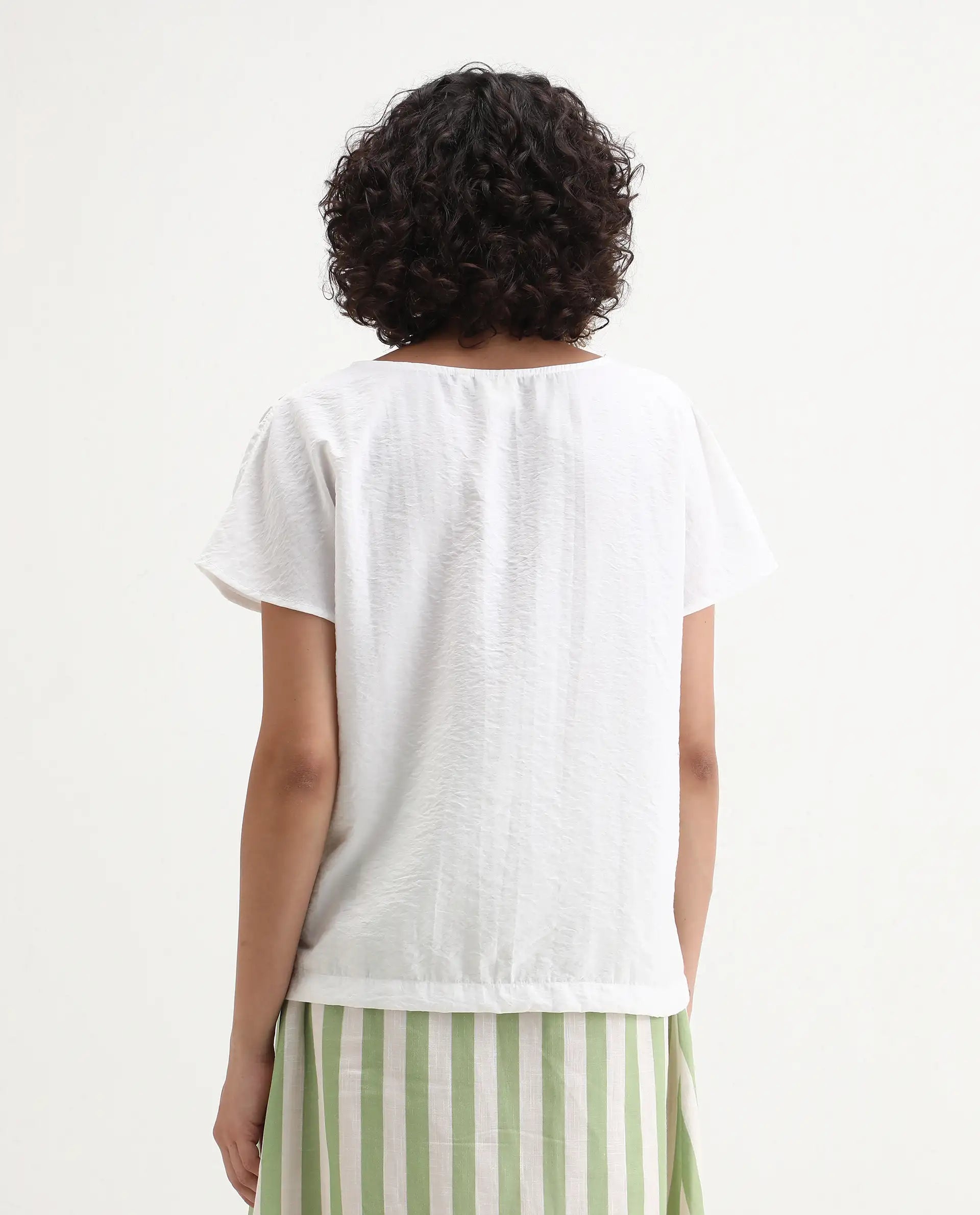 Rareism Women's Chabert White Nylon Blend Boat Neck Plain Extended Sleeves Regular Fit Top