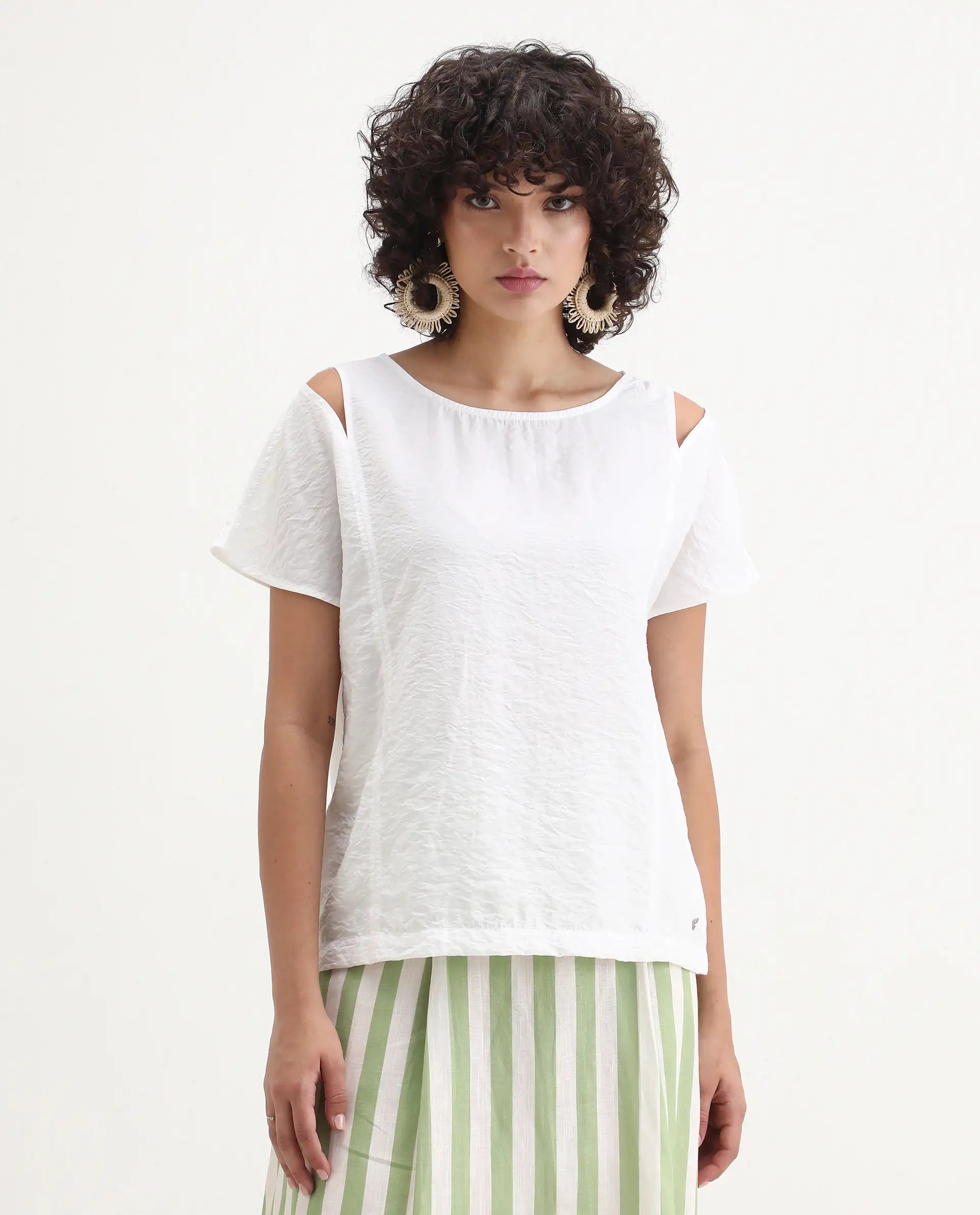 Rareism Women's Chabert White Nylon Blend Boat Neck Plain Extended Sleeves Regular Fit Top