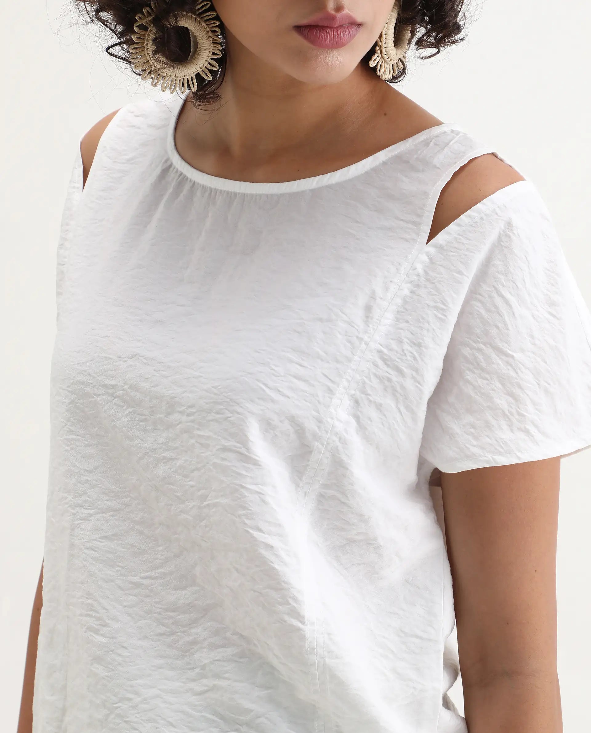 Rareism Women's Chabert White Nylon Blend Boat Neck Plain Extended Sleeves Regular Fit Top