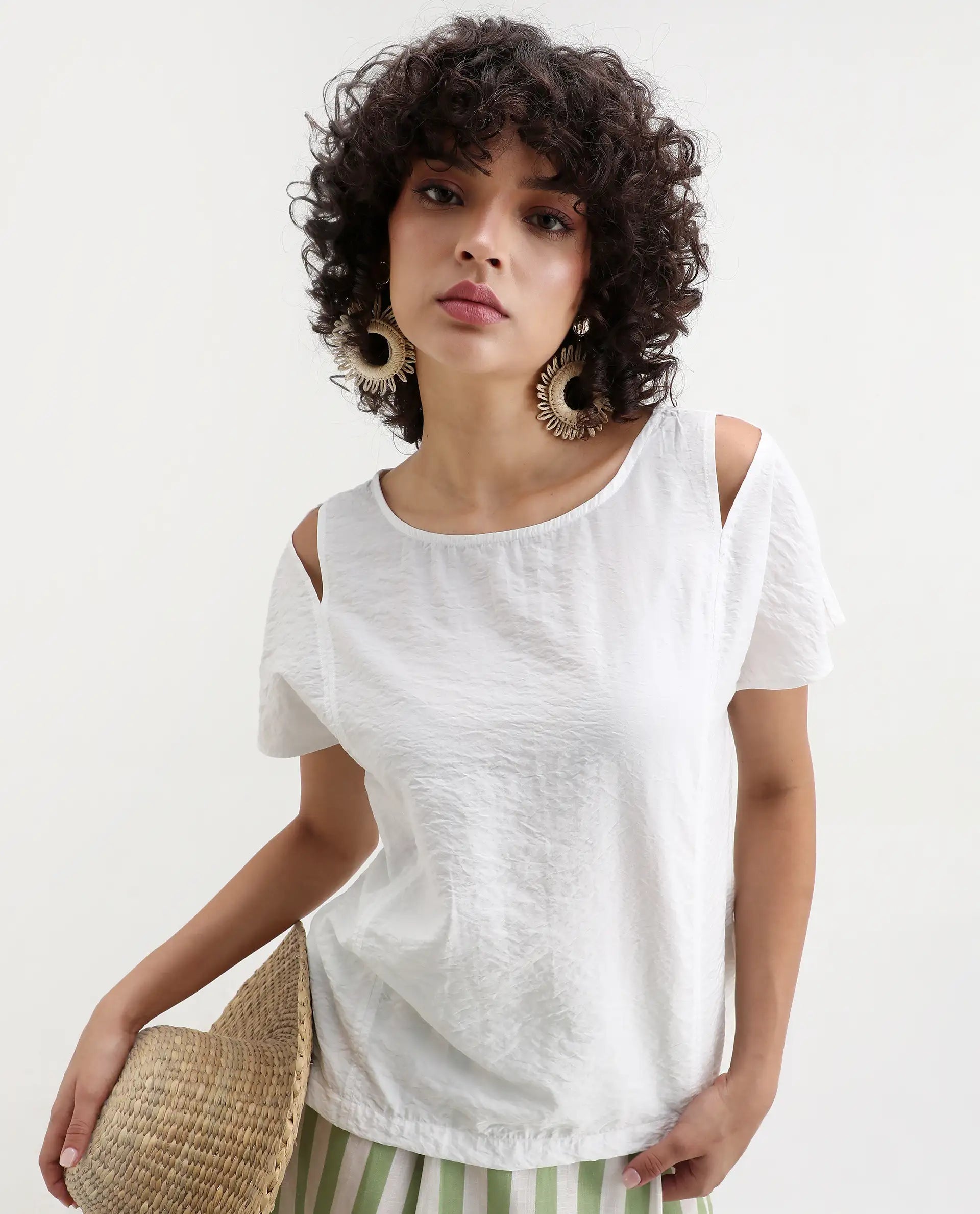 Rareism Women's Chabert White Nylon Blend Boat Neck Plain Extended Sleeves Regular Fit Top