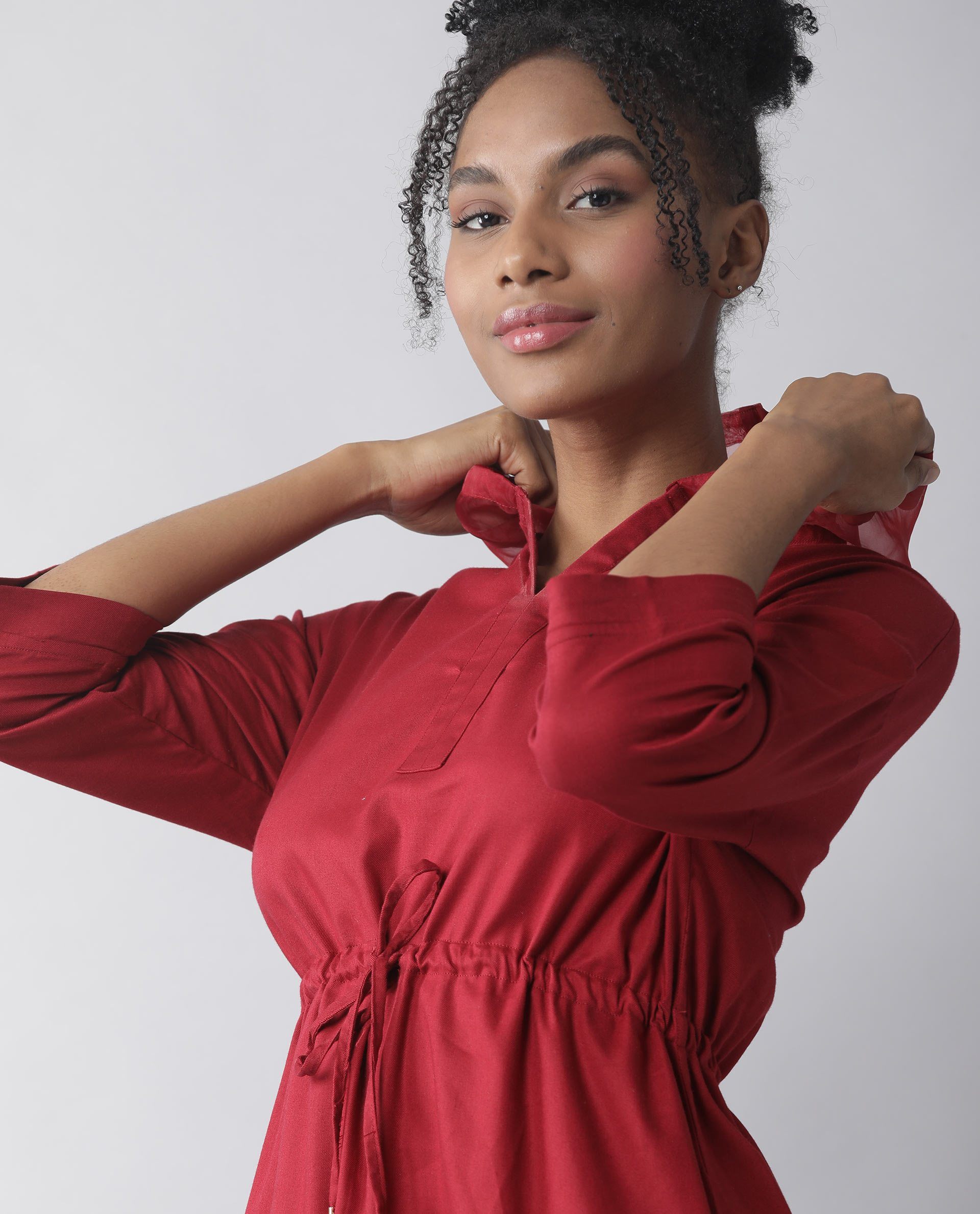 Rareism Womens Chalk Maroon Dress Tencel Fabric Hooded Long Length