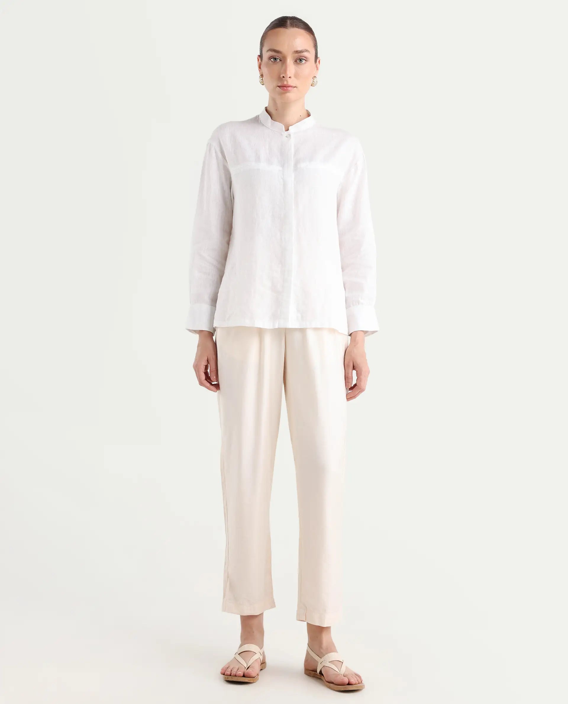 Rareism Women's Chant-B-Beige Viscose Blend Plain Ankle Length Tapered Trouser