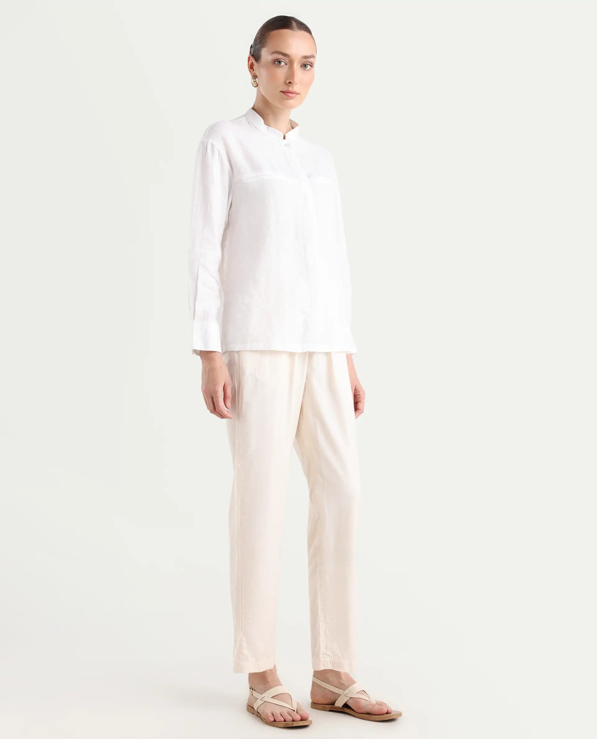 Rareism Women's Chant-B-Beige Viscose Blend Plain Ankle Length Tapered Trouser