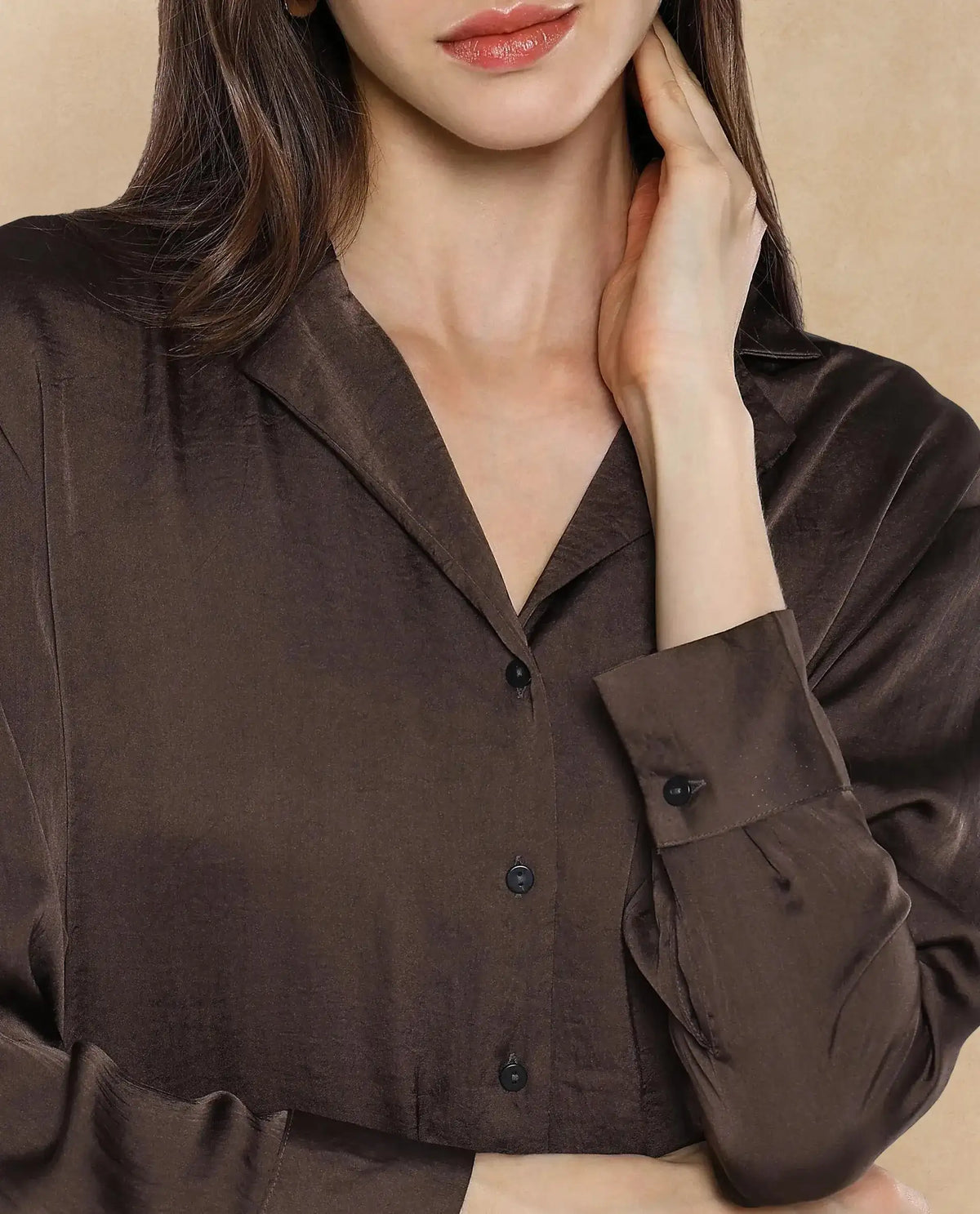 Rareism Women Chant Dark Brown Polyester Fabric Cuffed Sleeves Lapel Neck Plain Top