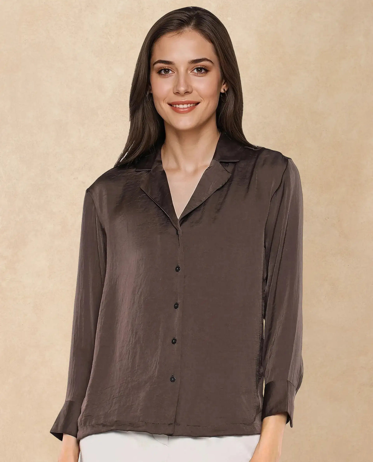 Rareism Women Chant Dark Brown Polyester Fabric Cuffed Sleeves Lapel Neck Plain Top