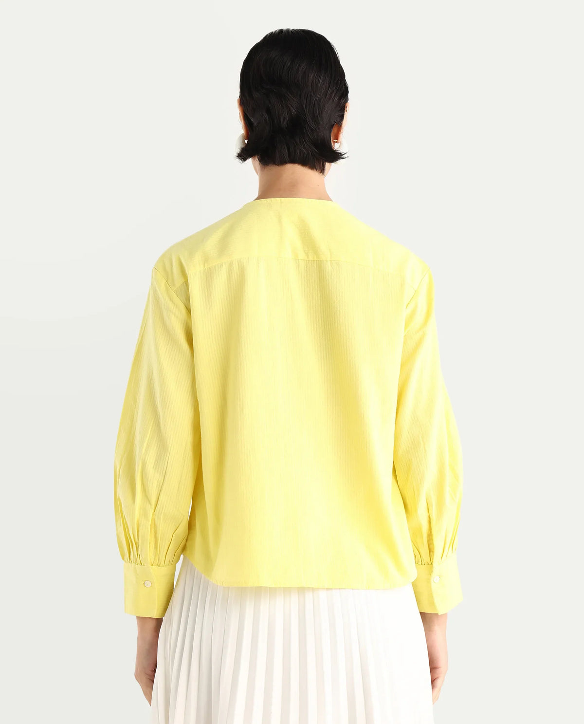 Rareism Women's Chantreyo Yellow Cotton Blend Mandarin Collar Striped Cuffed Sleeve Regular Fit Top