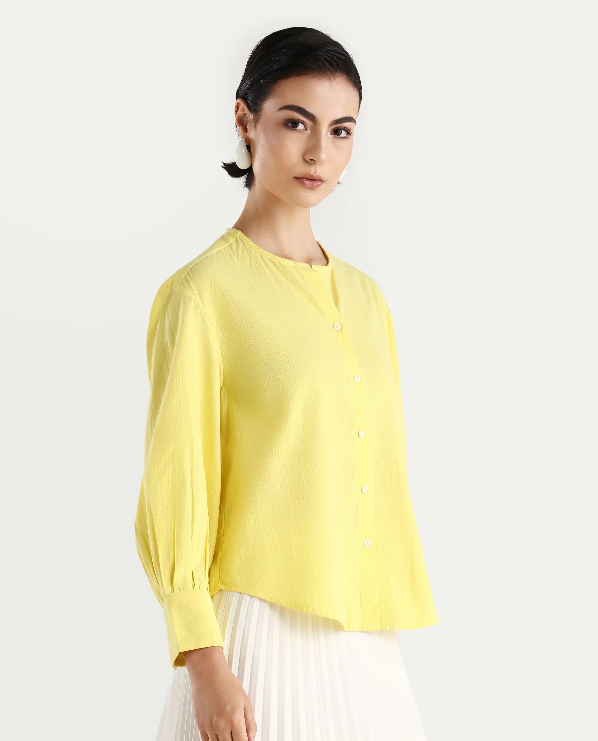 Rareism Women's Chantreyo Yellow Cotton Blend Mandarin Collar Striped Cuffed Sleeve Regular Fit Top