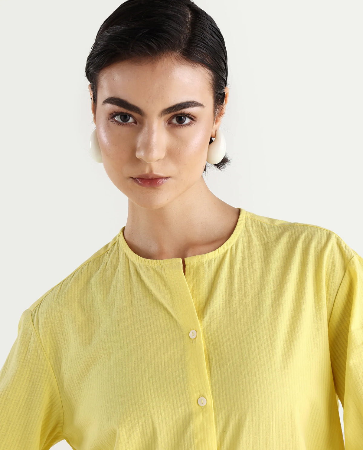 Rareism Women's Chantreyo Yellow Cotton Blend Mandarin Collar Striped Cuffed Sleeve Regular Fit Top