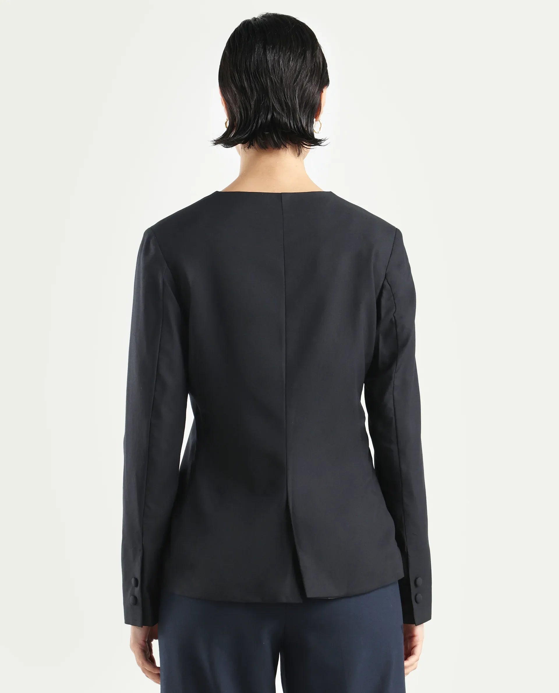 Rareism Women's Charal Black Cotton Blend Lapel Neck Plain Regular Fit Blazer