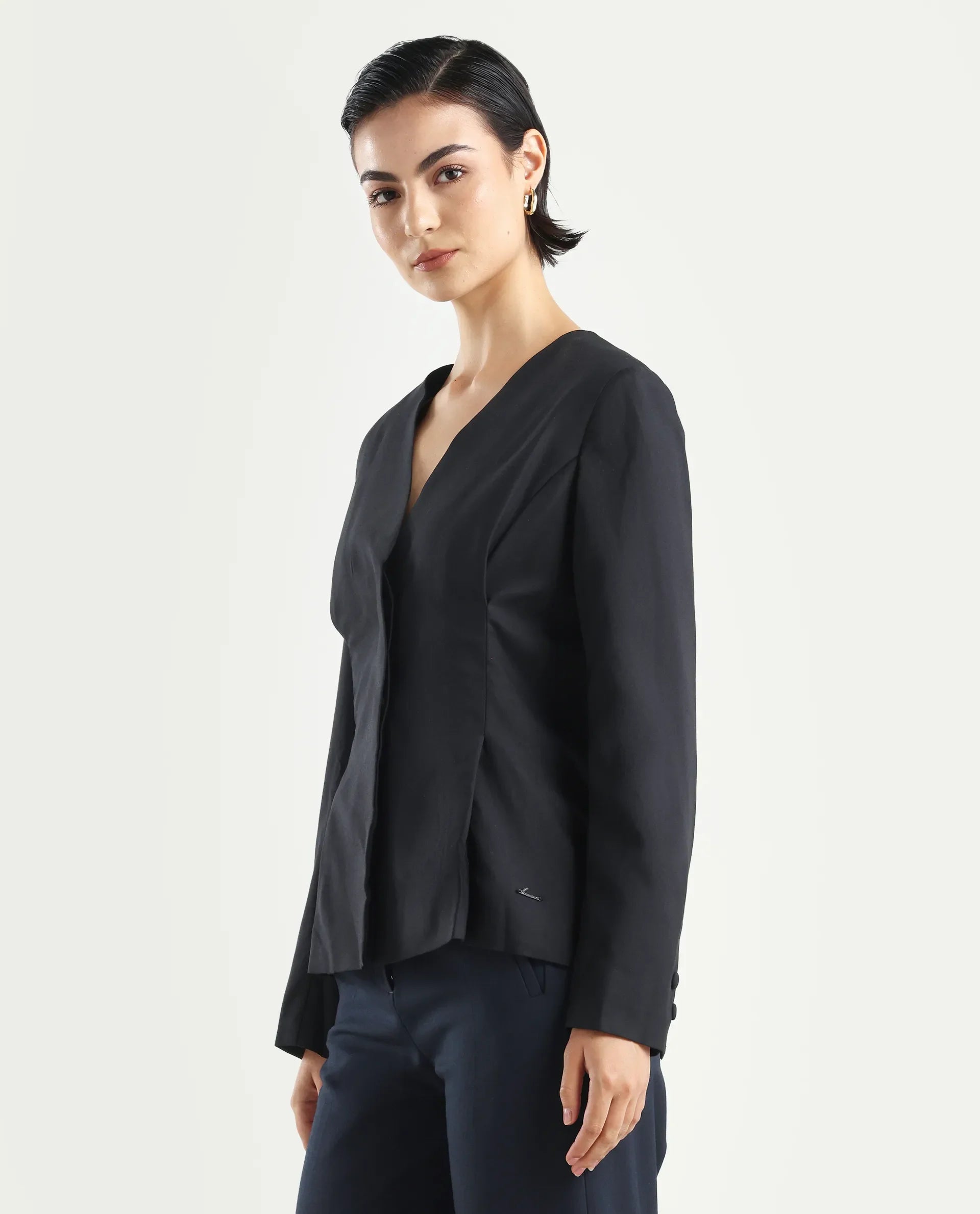 Rareism Women's Charal Black Cotton Blend Lapel Neck Plain Regular Fit Blazer
