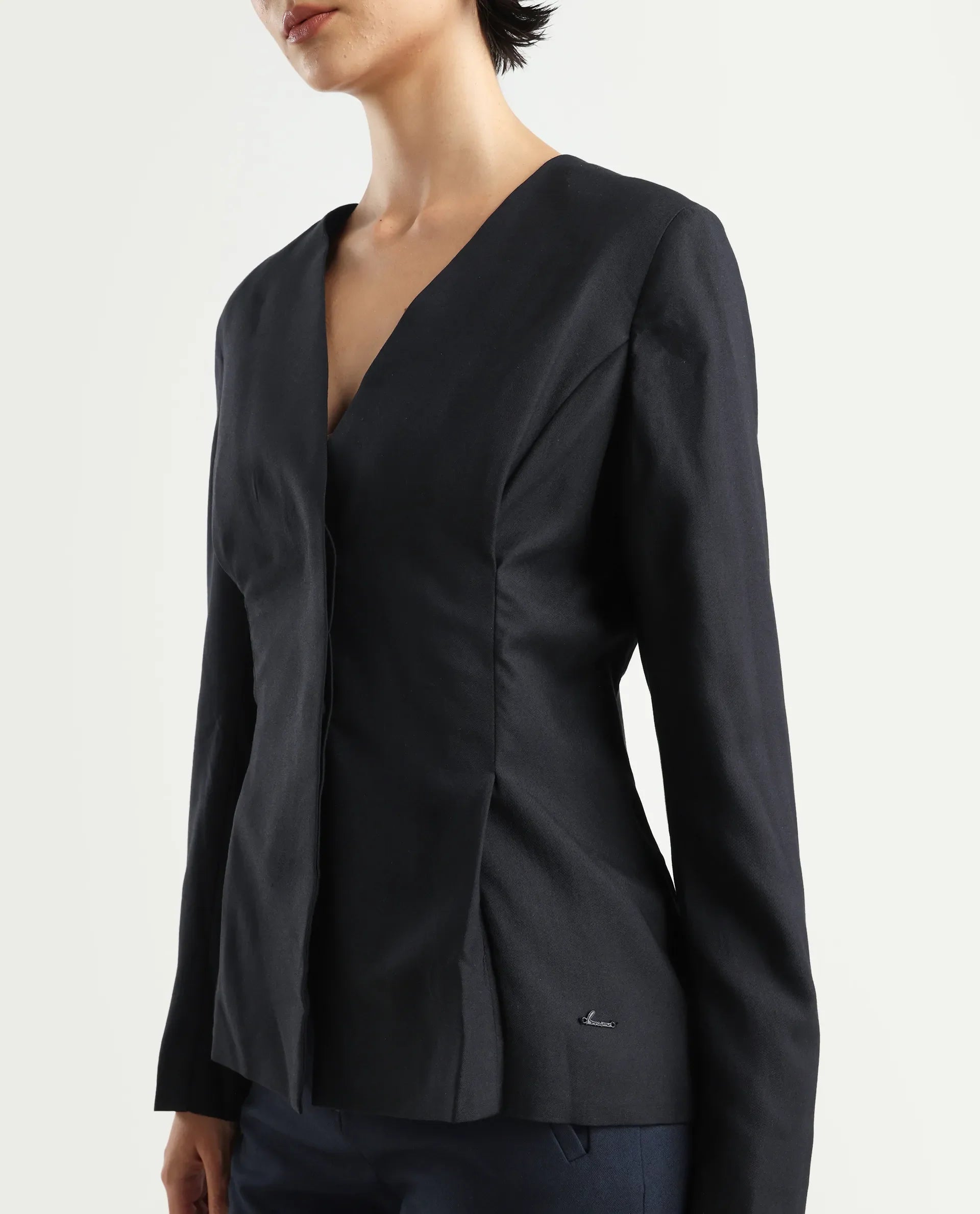 Rareism Women's Charal Black Cotton Blend Lapel Neck Plain Regular Fit Blazer