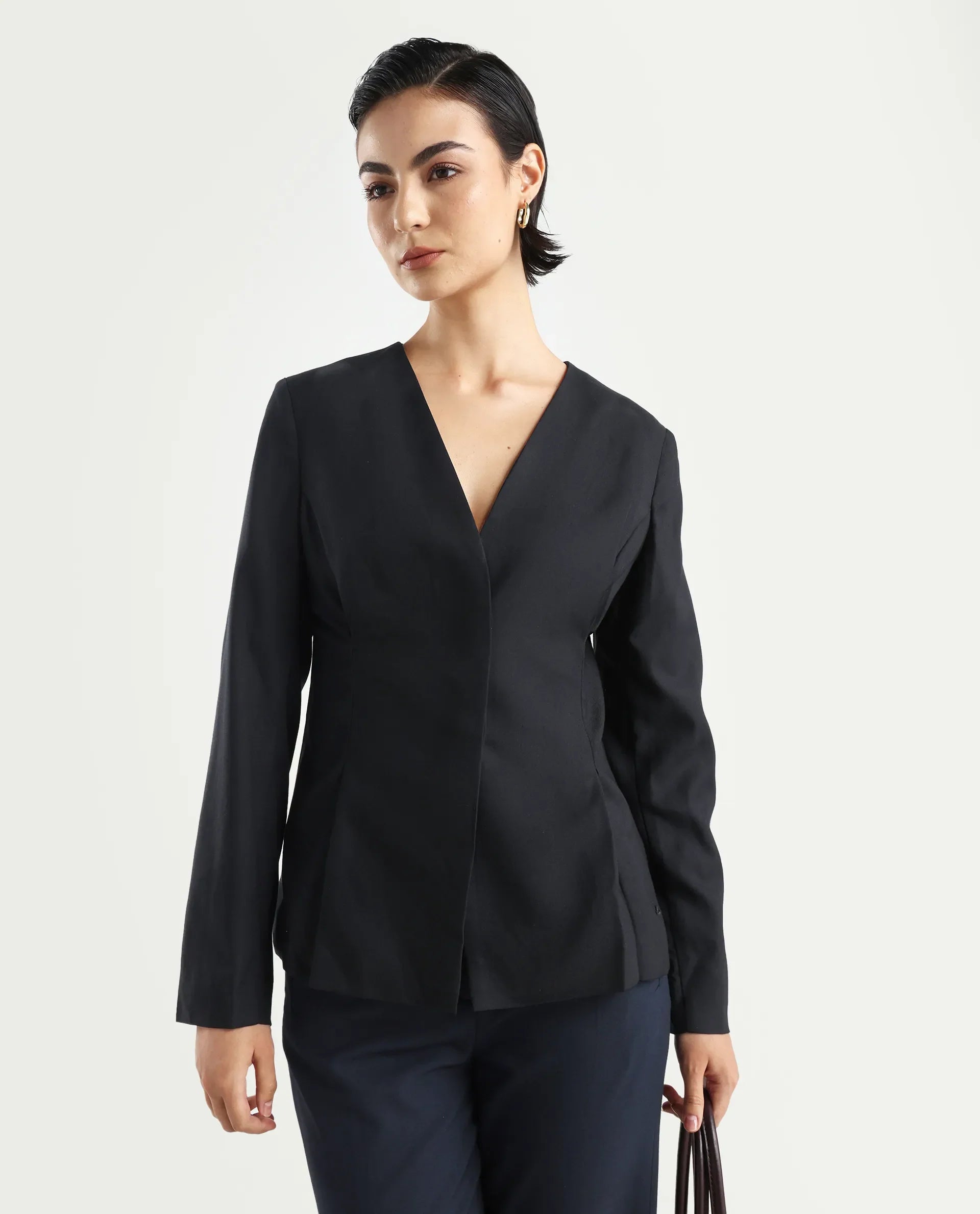 Rareism Women's Charal Black Cotton Blend Lapel Neck Plain Regular Fit Blazer