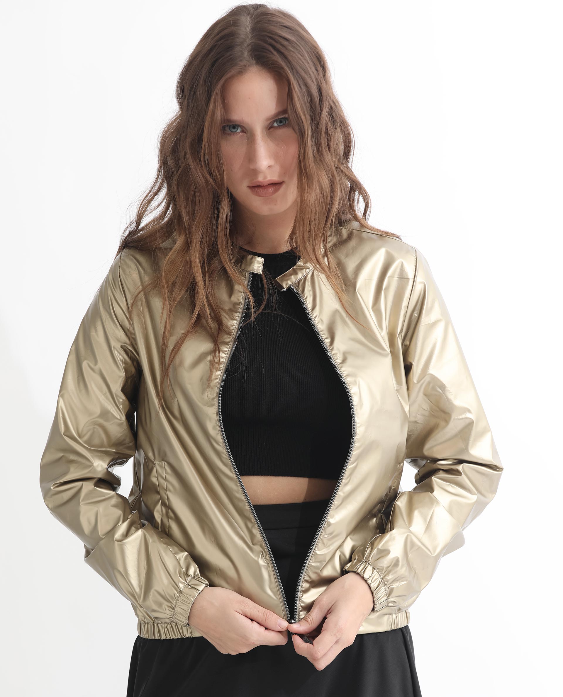 Rareism Women Charlotte Gold Polyester Fabric Full Sleeves Solid Mandarin Collar Jacket