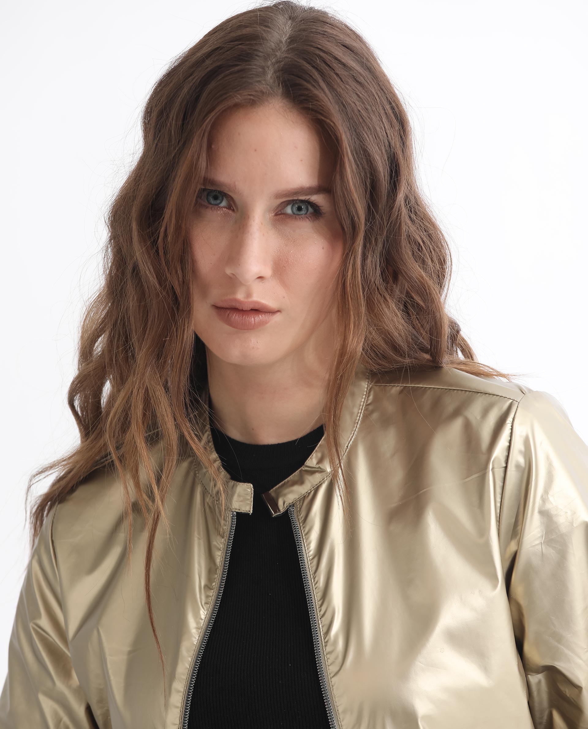 Rareism Women Charlotte Gold Polyester Fabric Full Sleeves Solid Mandarin Collar Jacket